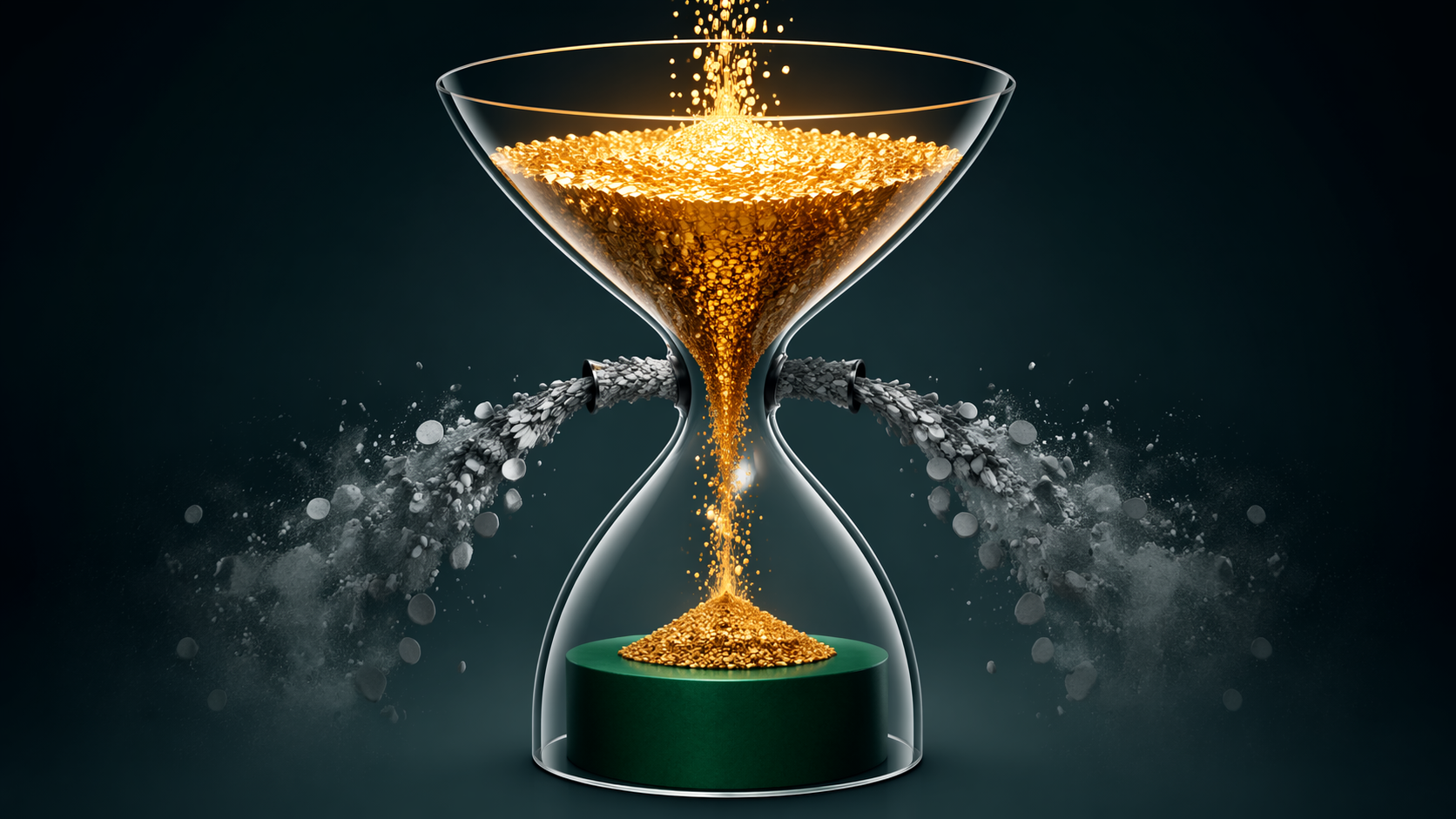 An hourglass funnel where much of the gold material escapes through side openings before reaching the bottom, illustrating AI time savings lost to rework