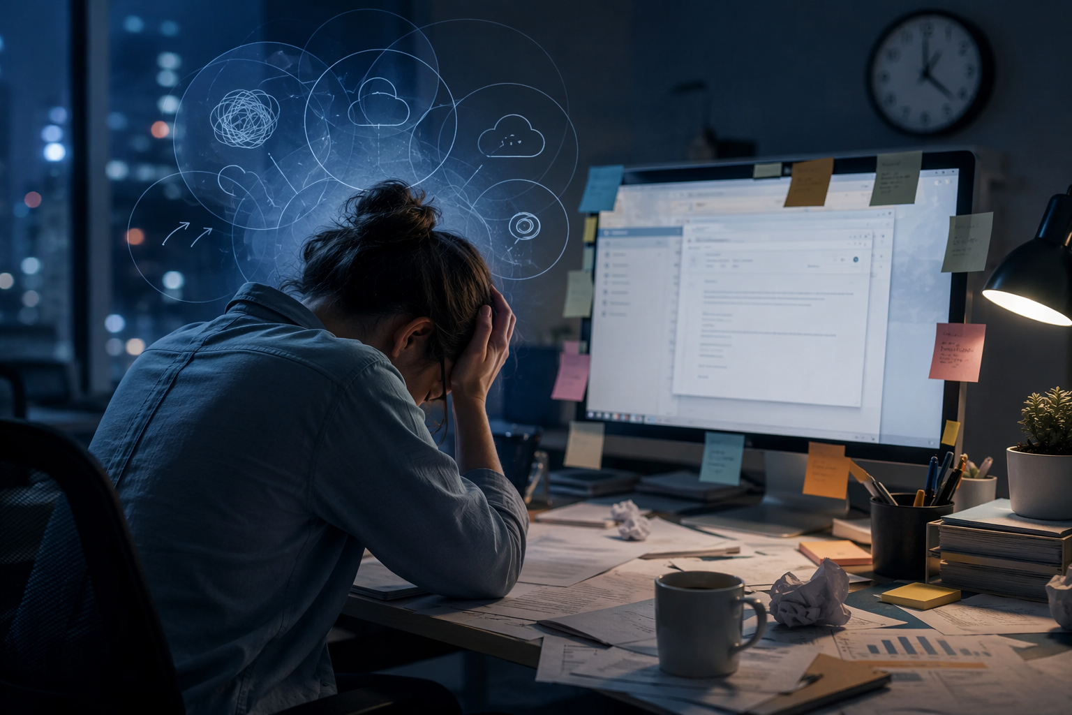 Exhausted person at a messy desk with mental loops around their head and little visible progress on screen