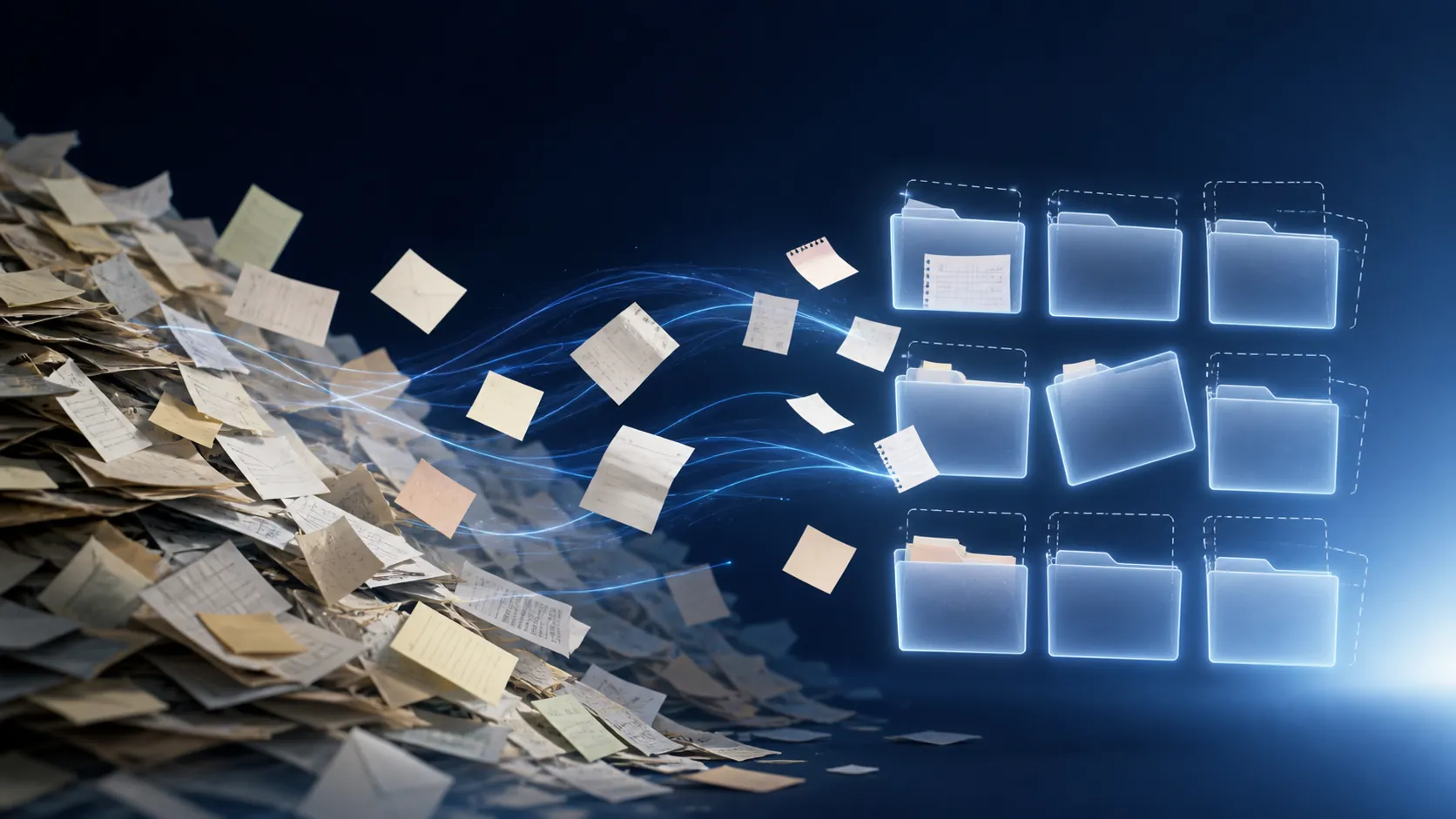 Messy paper notes lifted by a blue digital glow into draft folders, with one folder askew