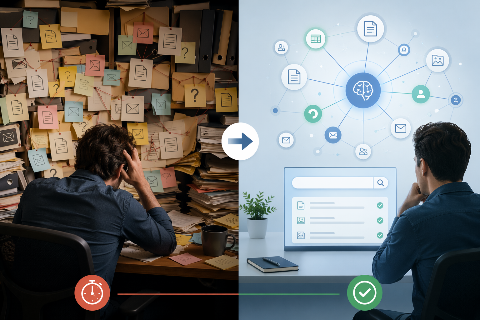A person moving from chaotic folders and scattered documents toward an illuminated network that represents AI-powered retrieval
