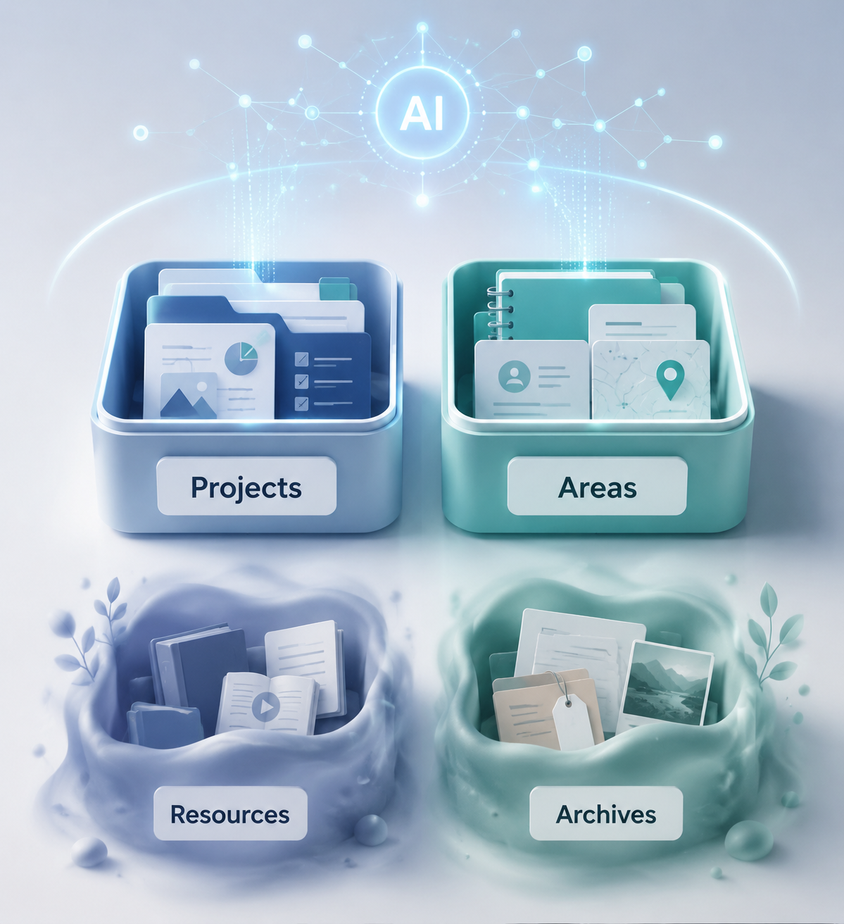 Four PARA compartments with sharper Projects and Areas and softer Resources and Archives