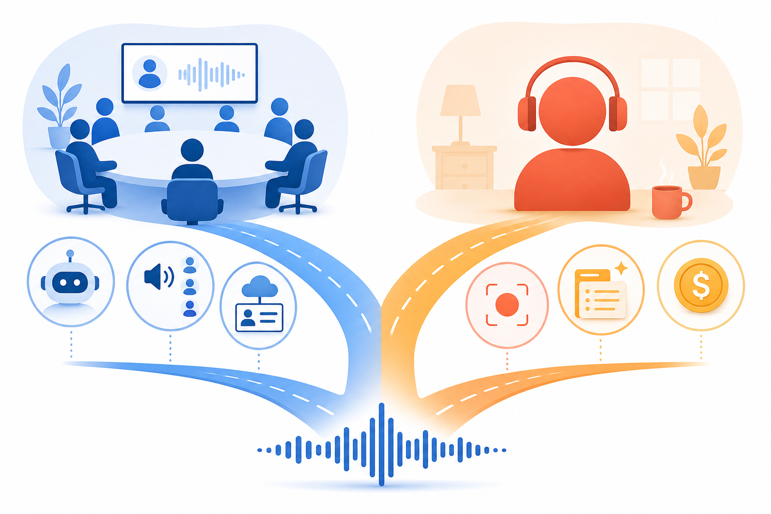 An editorial vector illustration showing a waveform icon splitting into two diverging paths: one toward a conference room with multiple silhouettes and CRM icons, the other toward a single person with headphones and summary cards.