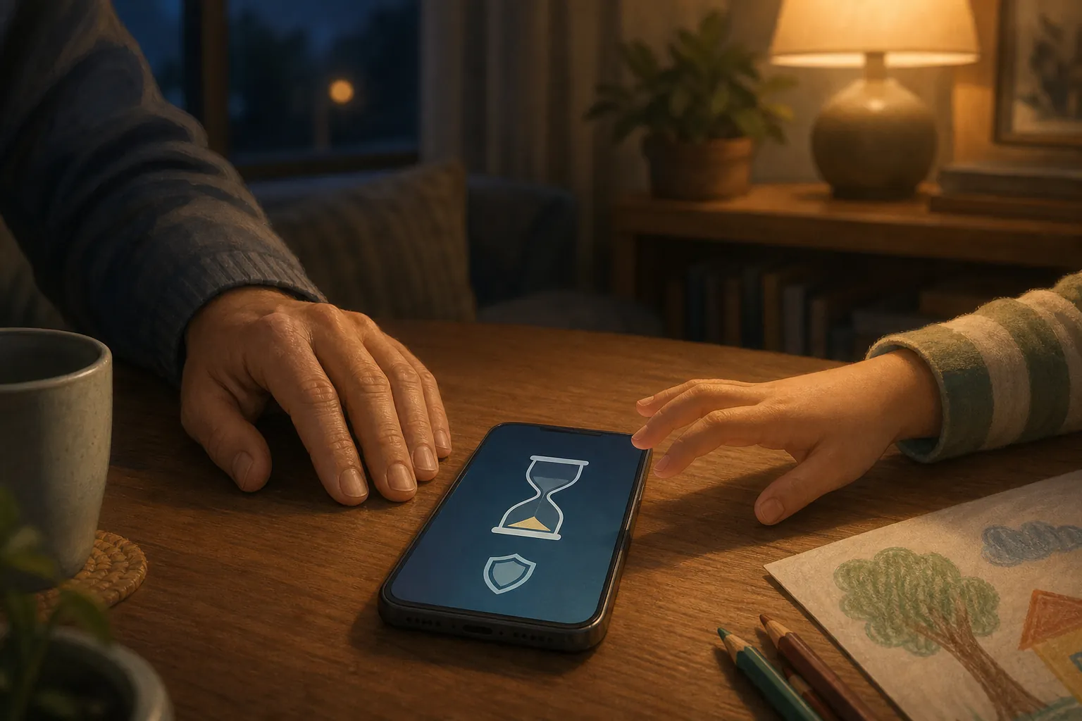 Locked smartphone beside a parent's and child's hands in evening light