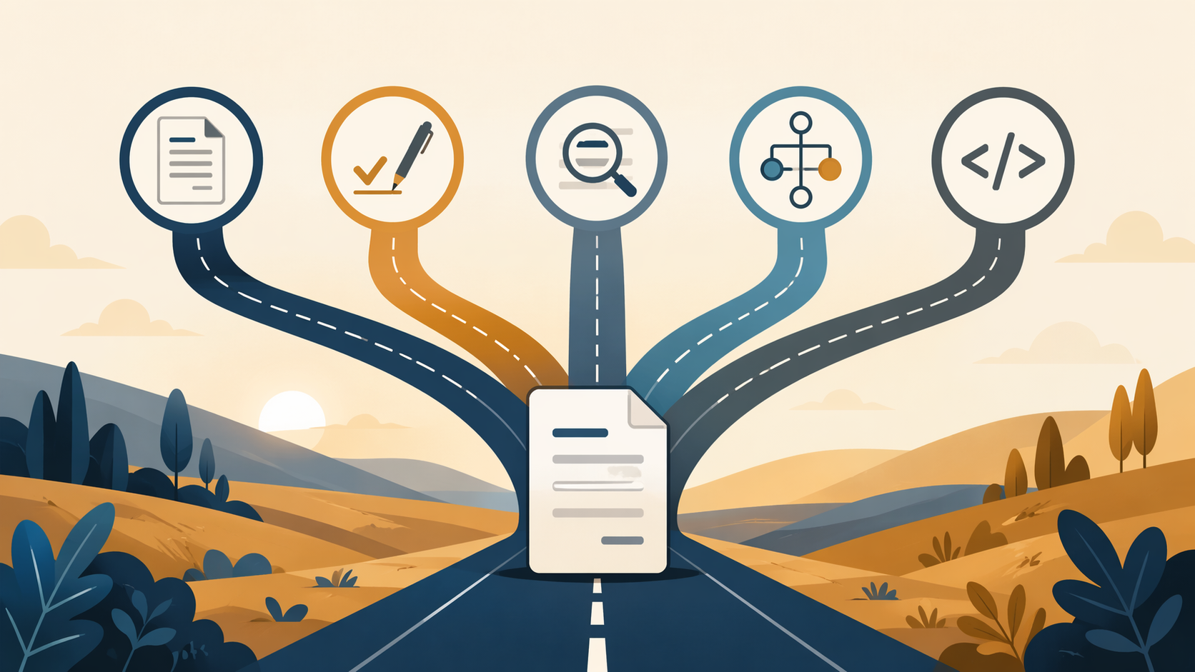 Document at the center of five automation pathways for templates, signatures, extraction, workflow nodes, and code