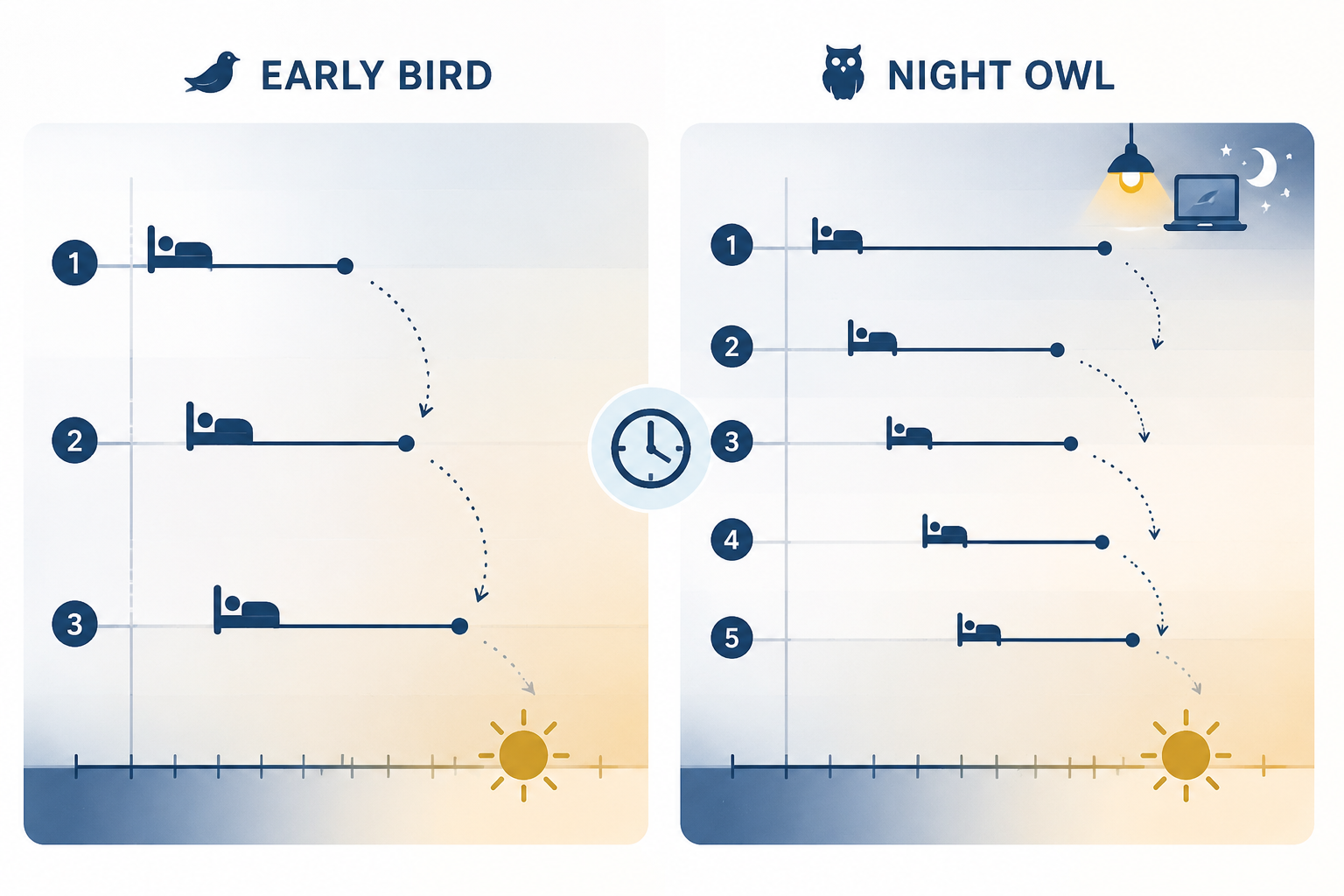 Split timeline comparing early bird and night owl pre-DST bedtime shift protocols