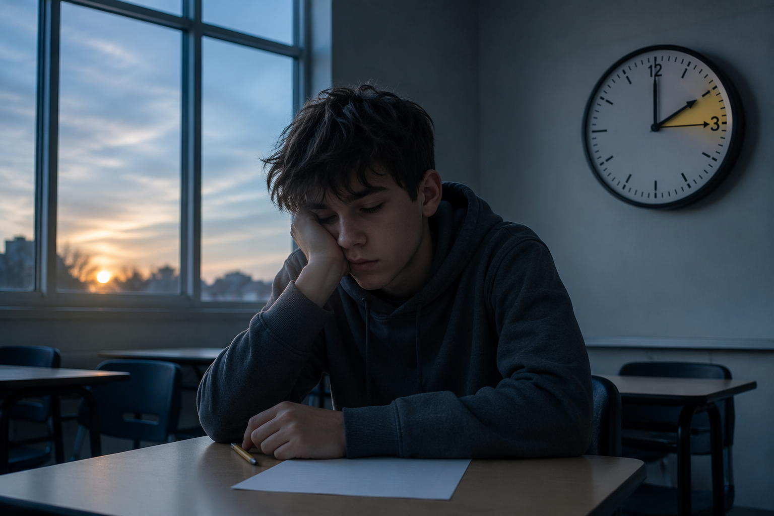 A tired teenage student staring at a blank test paper in early morning light.