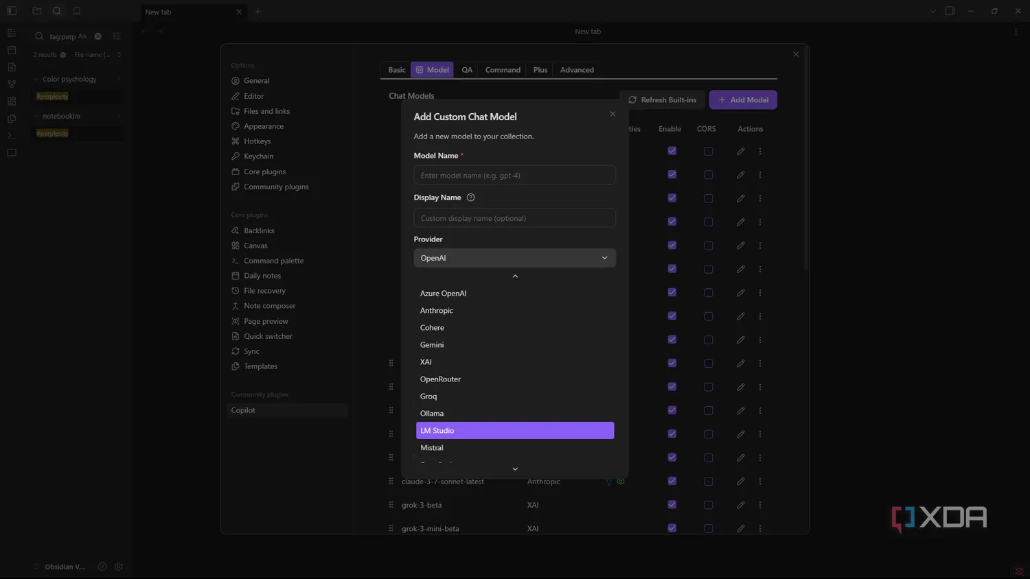 Obsidian Copilot model provider selection window with local provider configuration fields