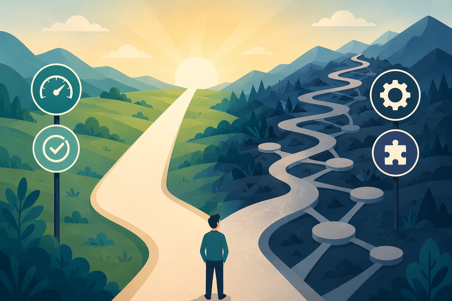 Forked automation path showing speed and simplicity on one side and customization and depth on the other