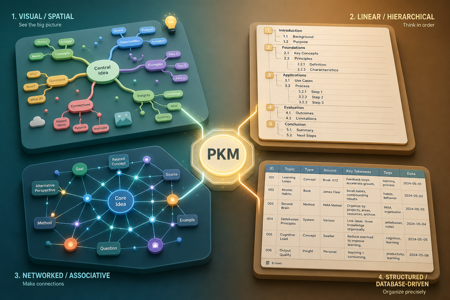 Isometric illustration showing four quadrants: a mind map for visual thinking, a numbered outline for linear thinking, a node graph for networked thinking, and a table for structured thinking, all converging on a central PKM node.