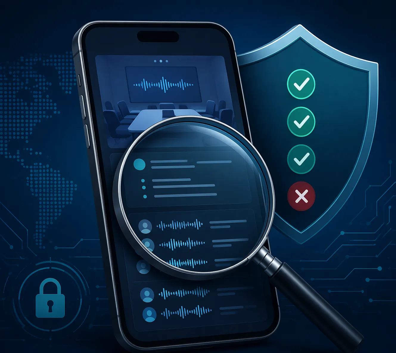 Smartphone meeting transcript examined under a magnifying glass with shield and pass-fail security symbols