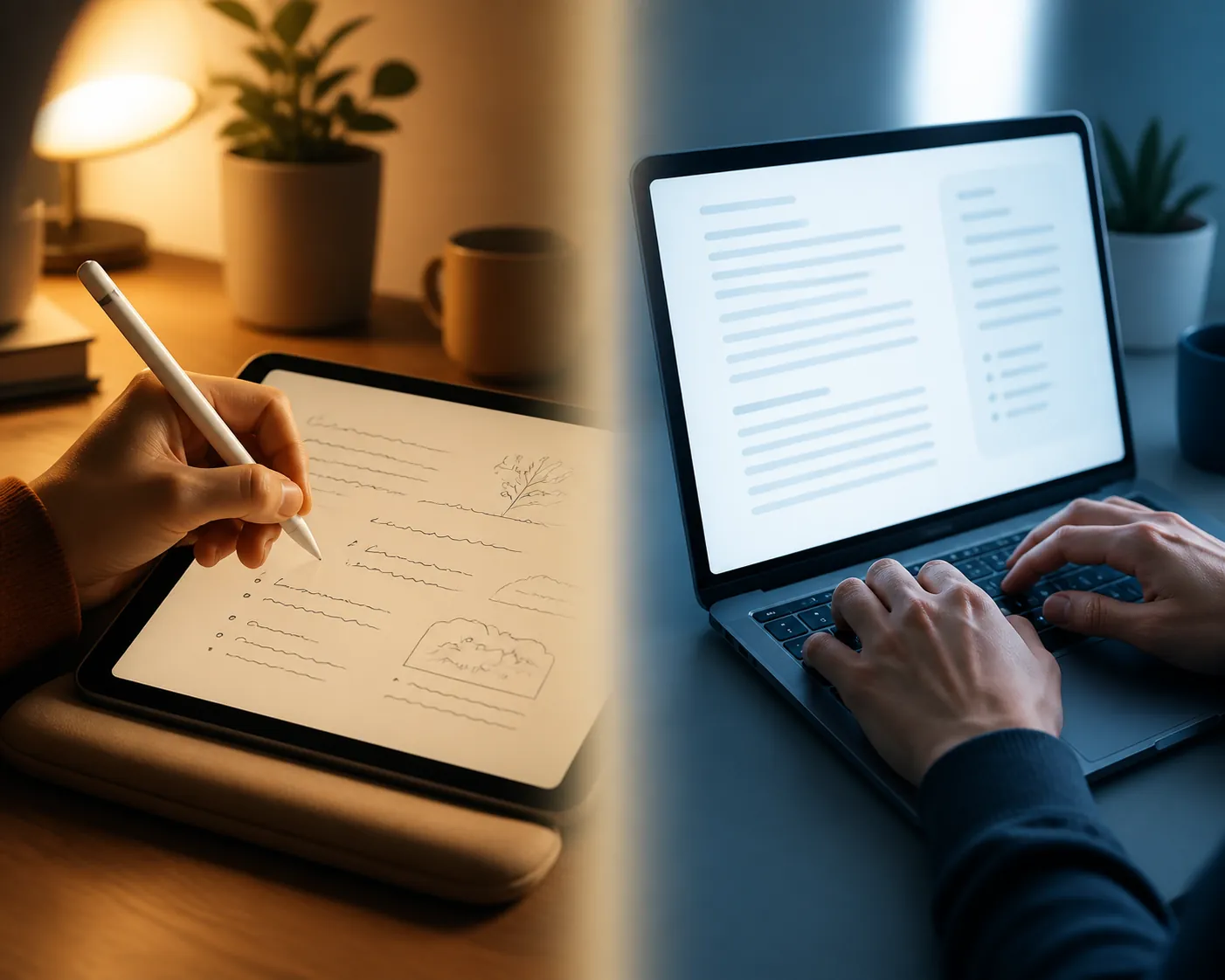 Split view of handwritten stylus notes on a tablet and typed notes on a laptop