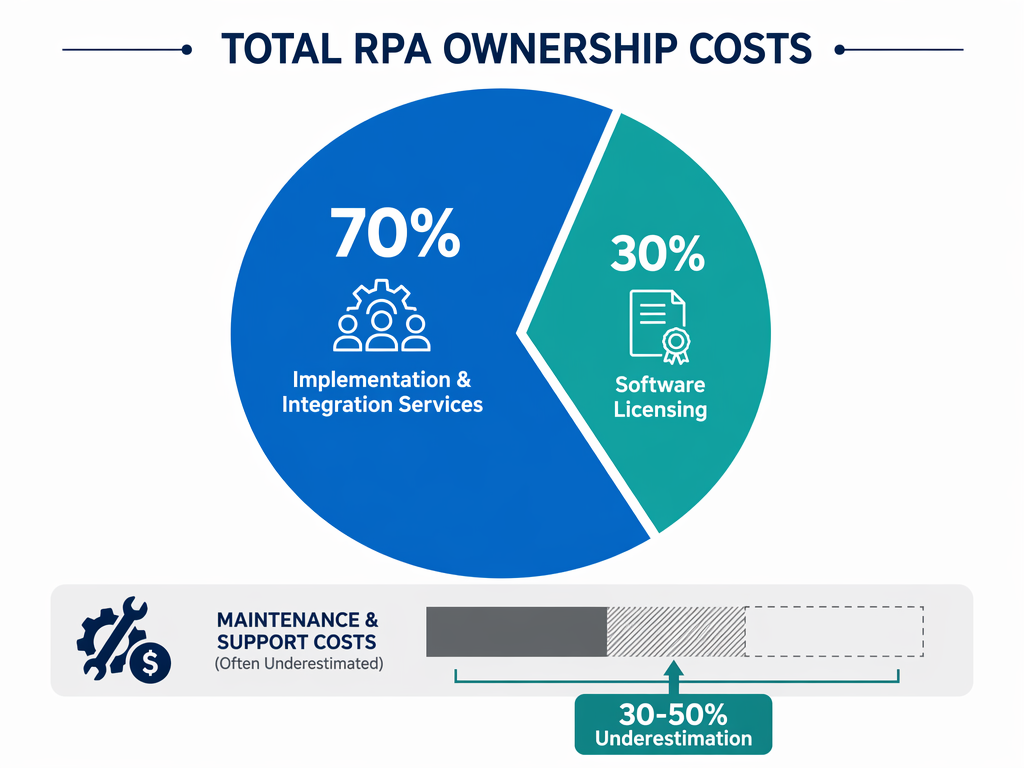 A pie chart showing 70% of costs allocated to 'Implementation & Integration Services' in blue and 30% to 'Software Licensing' in teal. Below the pie chart, a horizontal bar with a callout arrow indicating '30-50% Underestimation' for maintenance costs.