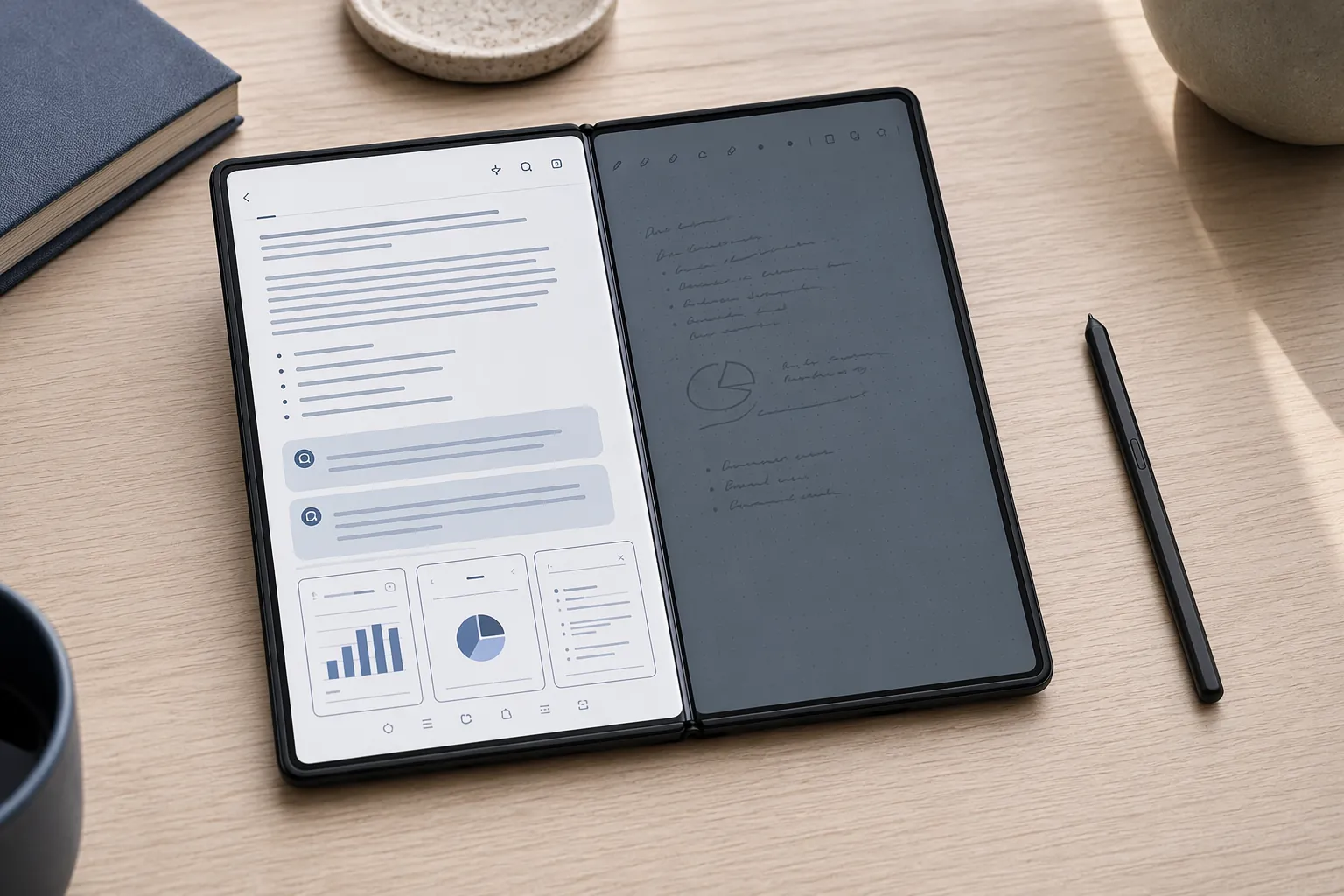 Opened foldable phone showing typed notes, AI summaries, split apps, and a disconnected S Pen on a wooden desk