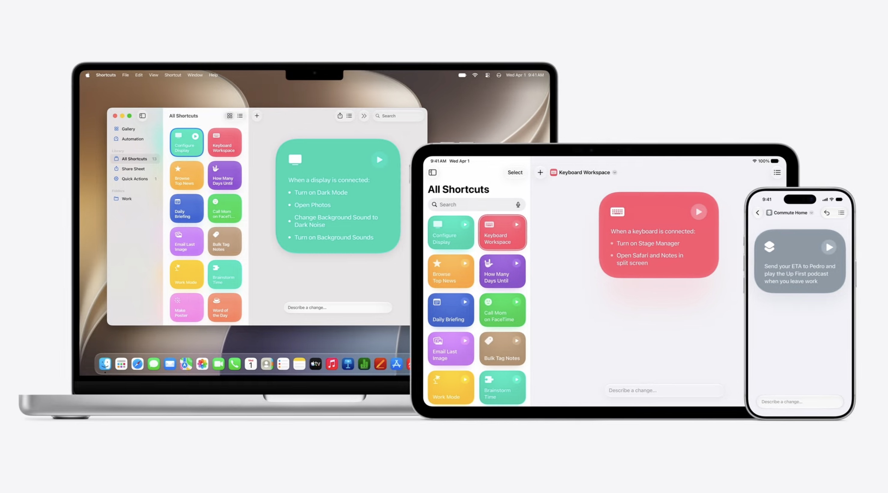 iPhone Shortcuts app showing a multi-step automation workflow builder