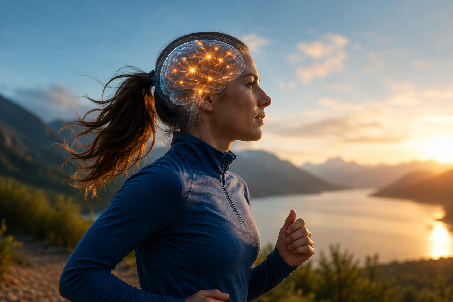 Person jogging outdoors with a glowing brain above their head showing active neural pathways