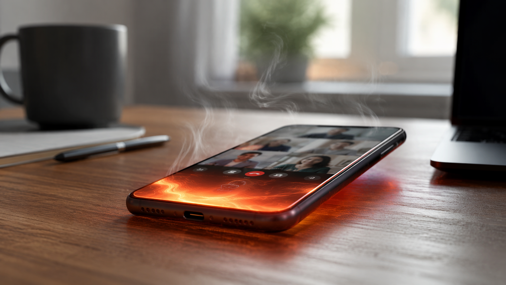 Smartphone overheating during a video call on a desk
