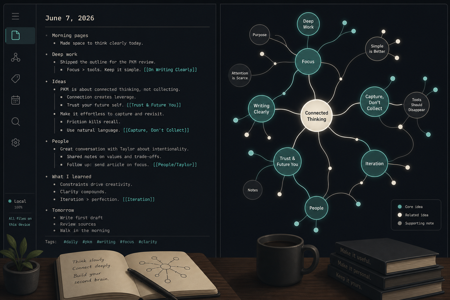 Dark-mode split-panel desktop illustration showing a Logseq-style daily journal entry on the left with teal-highlighted block links, and an interactive knowledge graph of glowing nodes on the right.