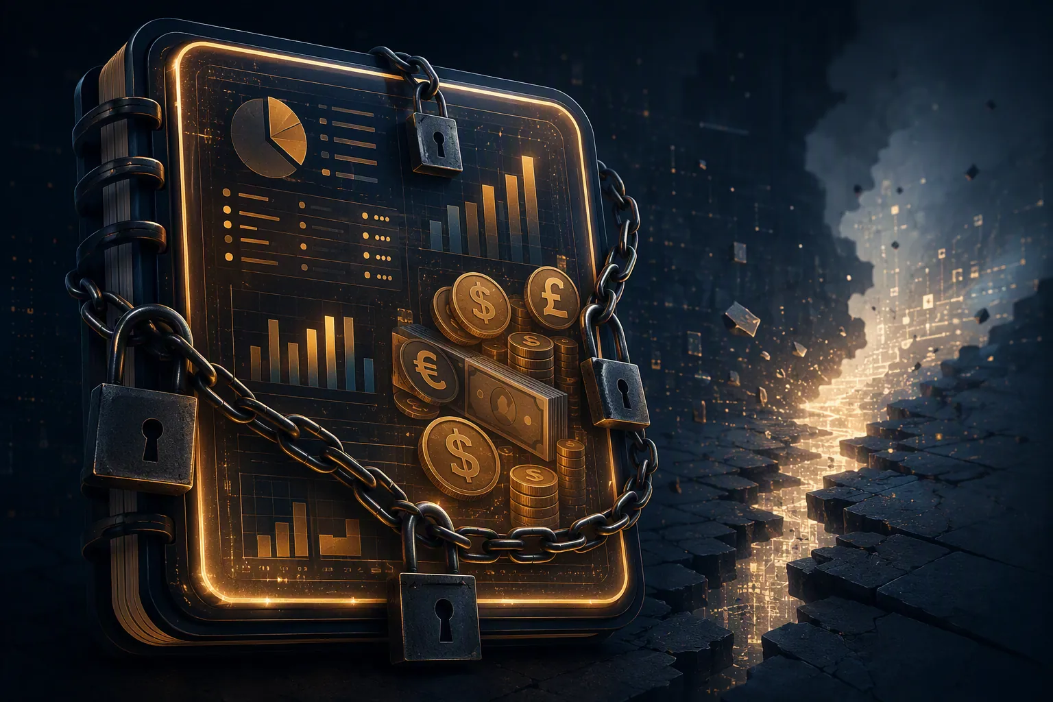 Financial data glowing inside a locked digital notebook interface