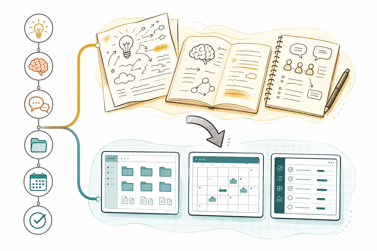 A decision-flow illustration showing paper for exploration and digital tools for organization