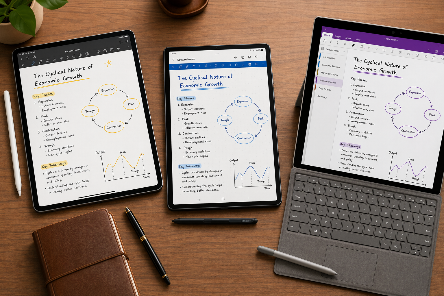 A flat-lay composition on a wooden desk showing three devices diagonally: an iPad Pro with Apple Pencil displaying GoodNotes handwritten notes, a Samsung Galaxy Tab with S Pen displaying Samsung Notes, and a Microsoft Surface with Surface Pen displaying OneNote.
