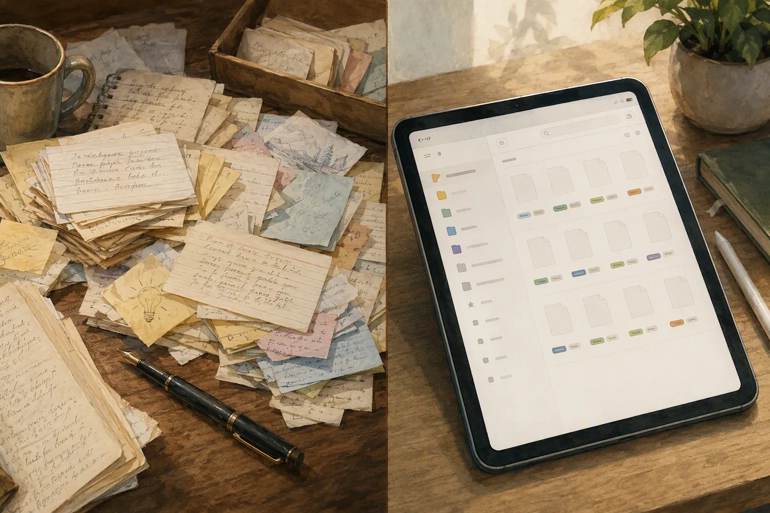Messy handwritten index cards beside a structured digital folder and tag interface