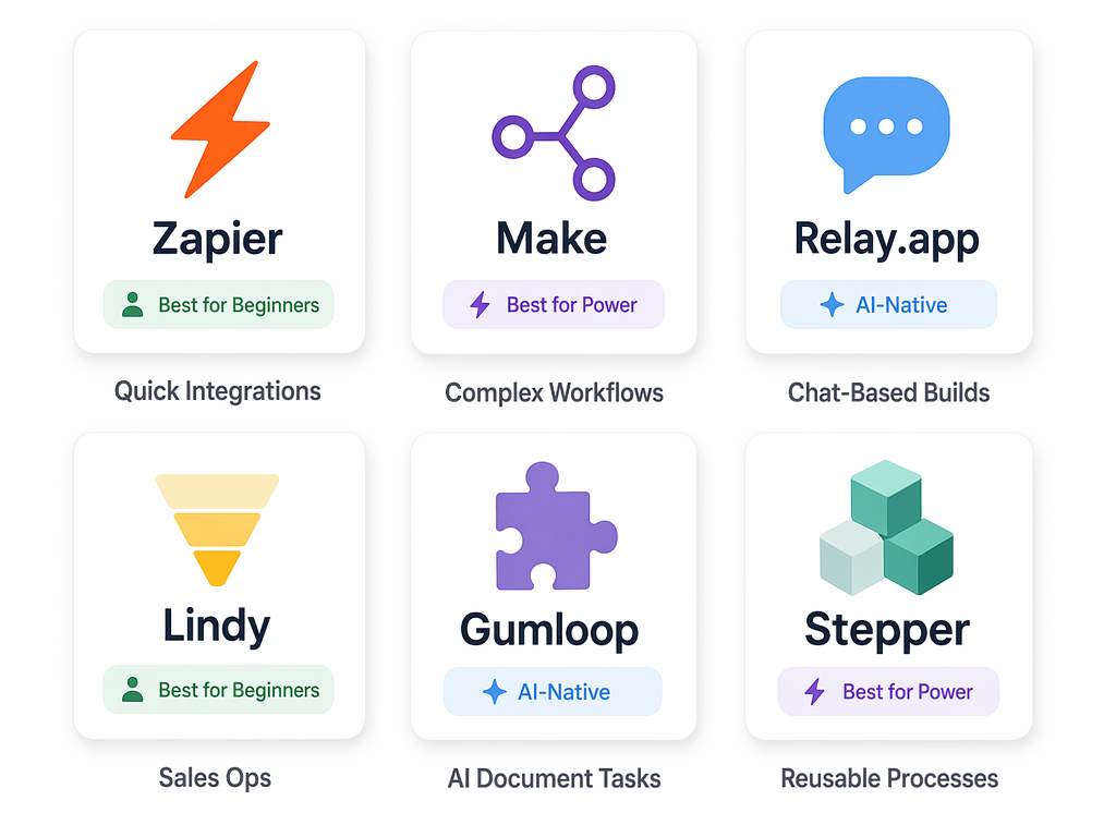 A 2x3 grid decision matrix with six abstract icon cards representing no-code automation tools, each with color-coded badges indicating best fit for beginners, power users, or AI-native workflows.