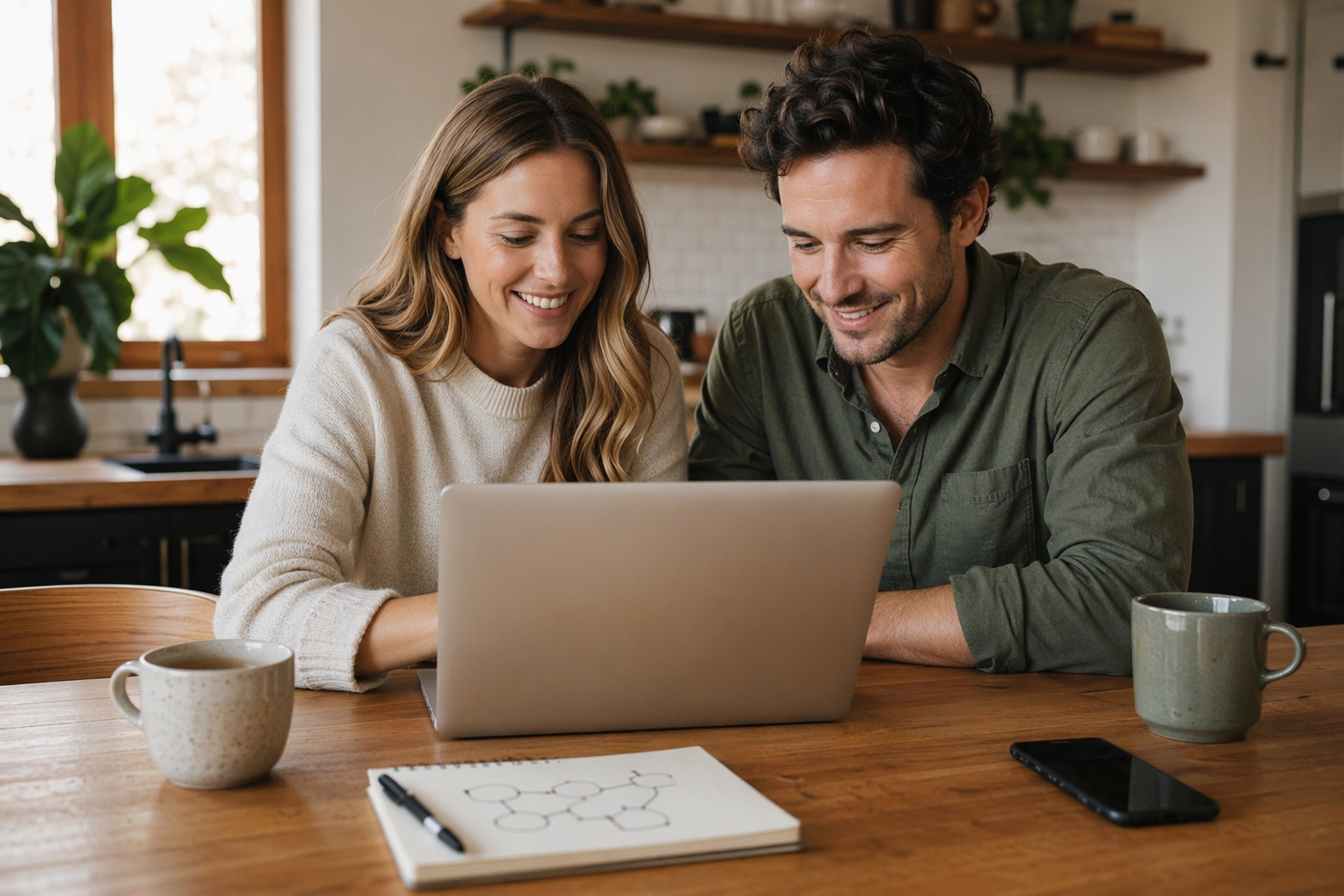 Couple reviewing a shared laptop beside a notebook with a workflow diagram