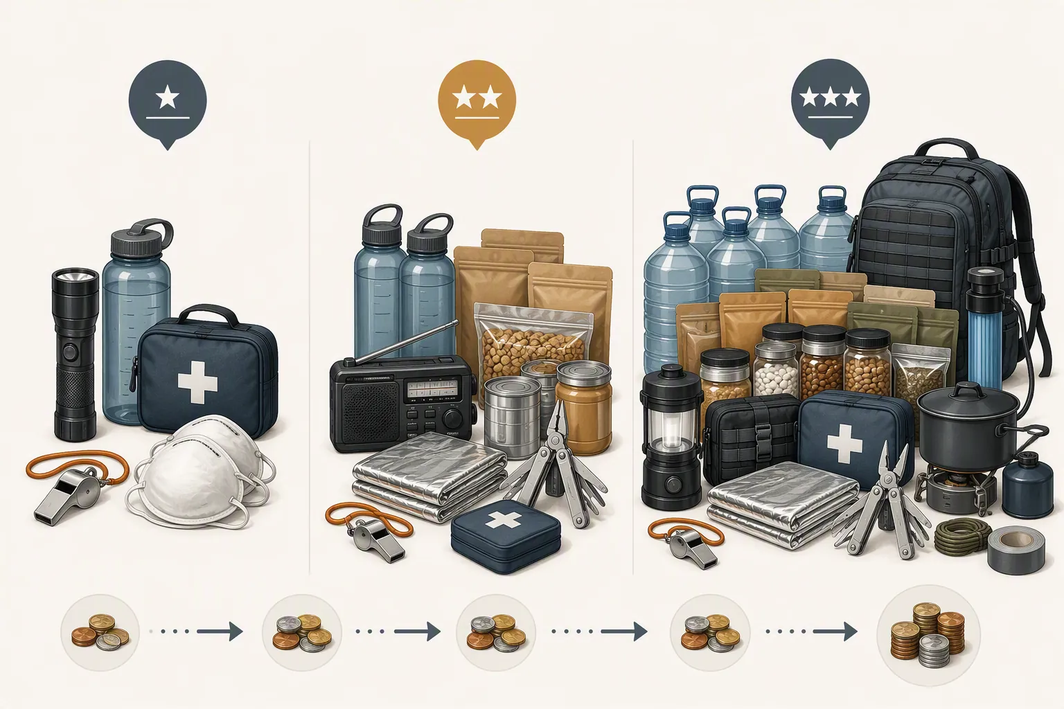 Side-by-side infographic comparing $50 Basic, $200 Standard, and about $450 Full preparedness kit tiers with phased purchasing