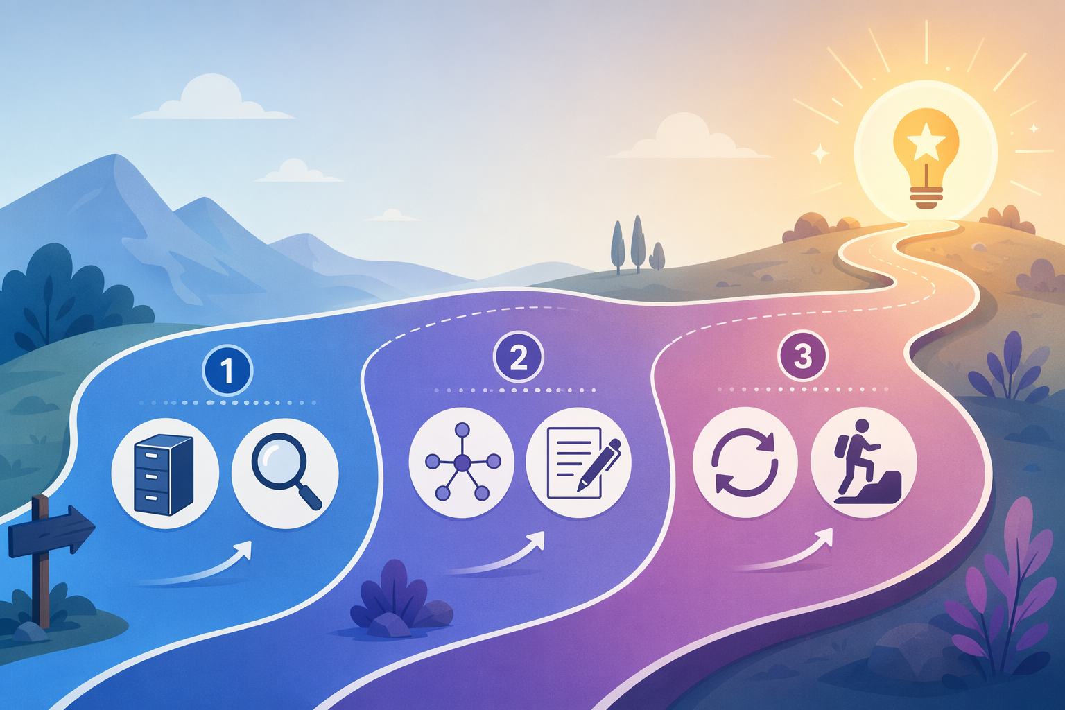 A 90-day progression roadmap split into three zones: L1 foundation, L2 thinking, and L3 output, connected by a winding path leading to a star destination.