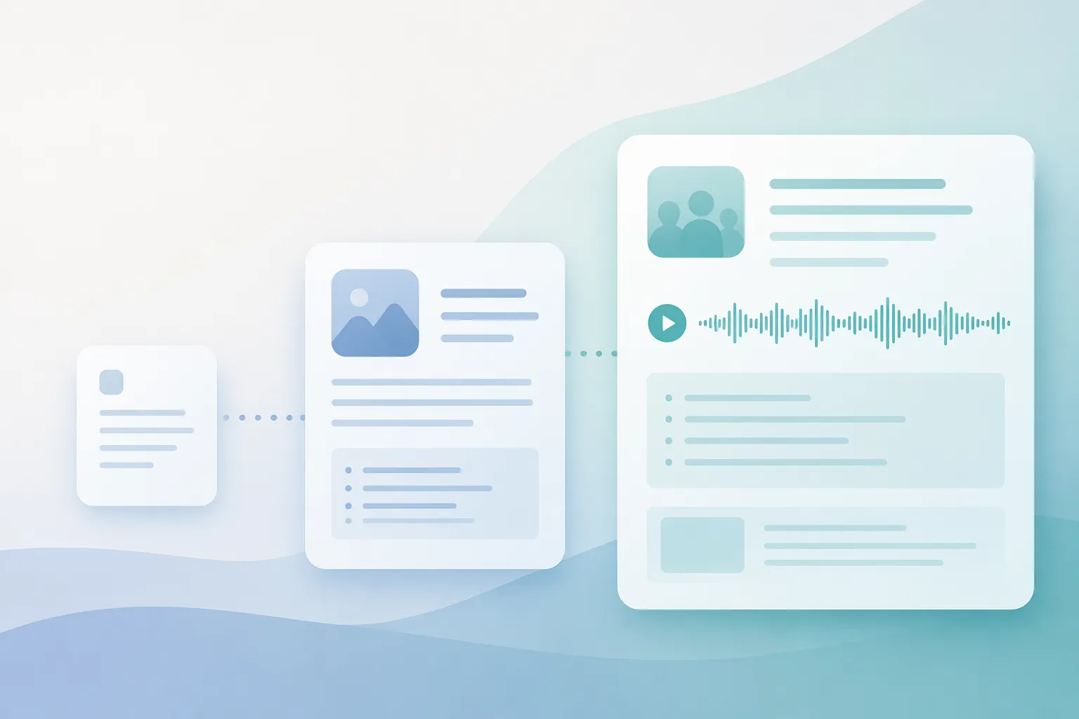 Three abstract notes showing a small journal entry, a larger research note, and a meeting summary with an audio waveform