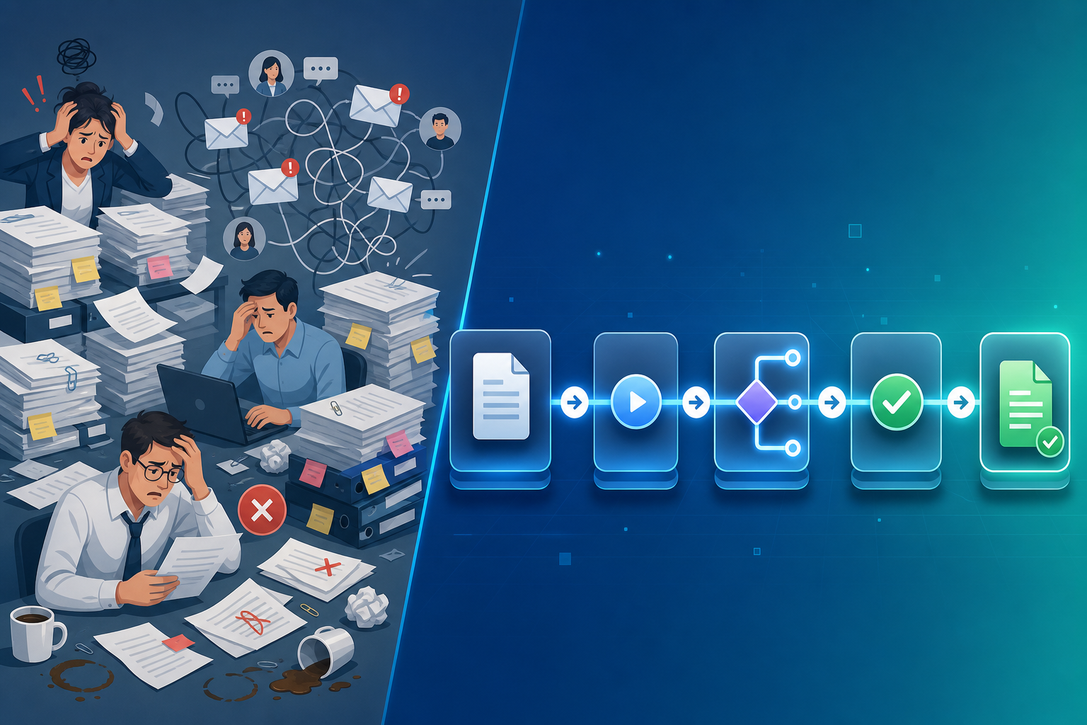 Split-screen illustration contrasting a chaotic manual document workflow with a streamlined automated digital pipeline.