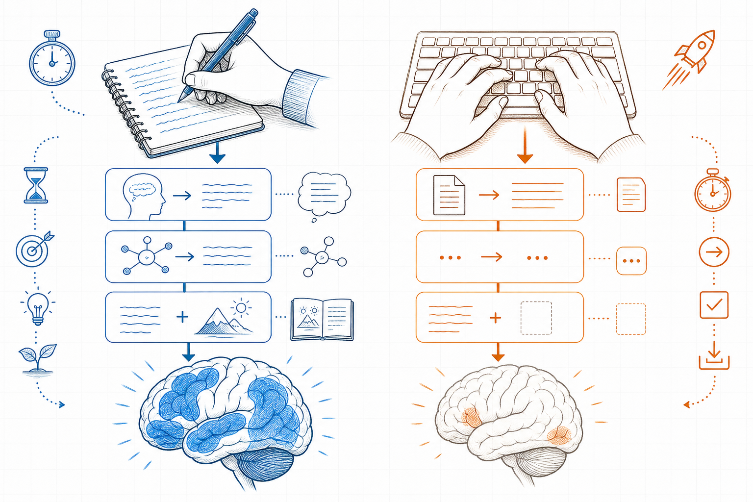 A clean editorial split illustration comparing two cognitive pathways: left side shows a hand writing in a notebook with arrows indicating paraphrasing, synthesis, and small sketch/drawing icons for dual coding; right side shows fingers on a keyboard with arrows indicating verbatim transcription and minimal processing; abstract brain icons at each pathway's end show deeper activation on the handwriting side.