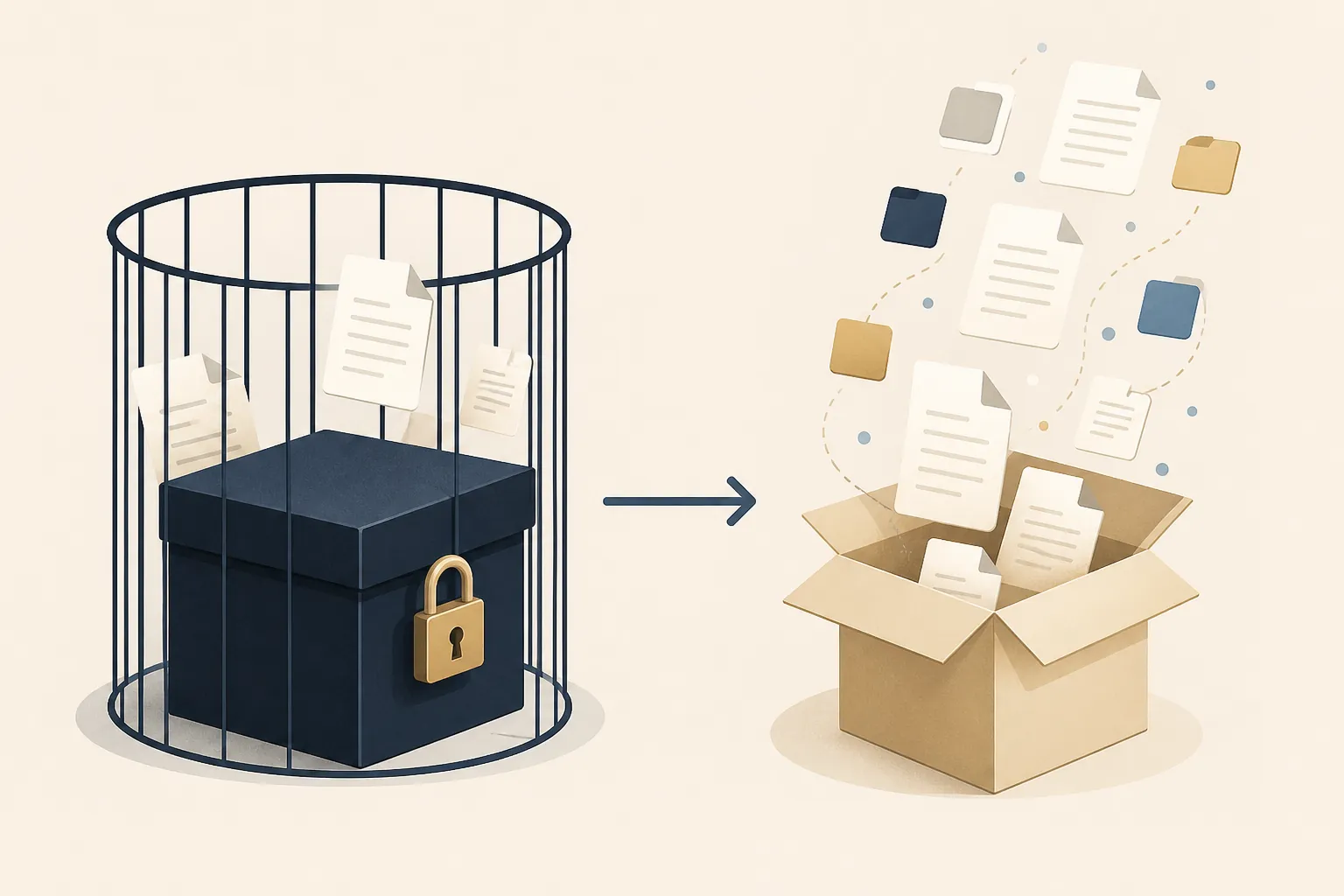 Documents trapped in a locked box contrasted with files flowing out of an open export box