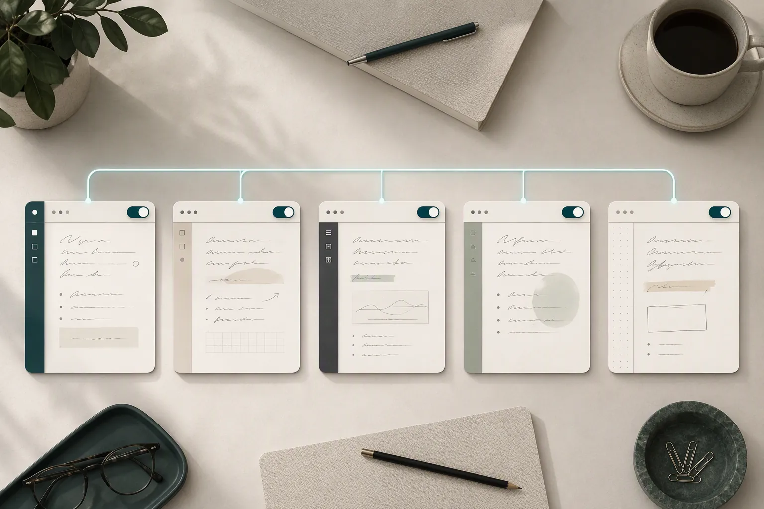 Several note-taking app windows with matching AI toggle positions on a clean desk