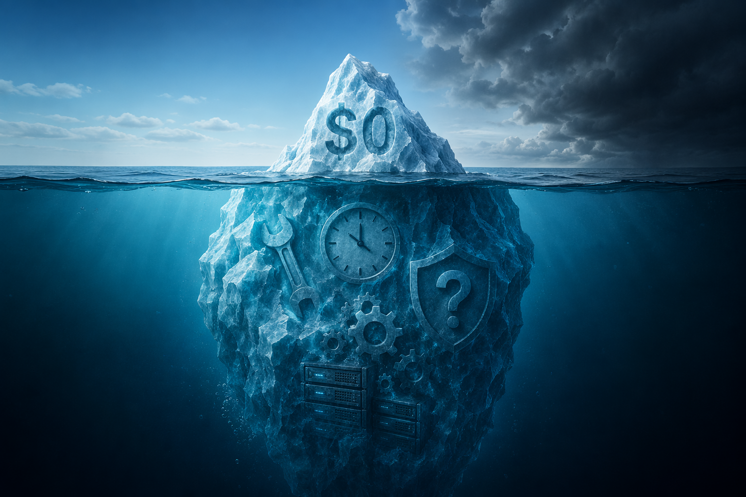 Iceberg showing a visible $0 license above the water and hidden operational costs below
