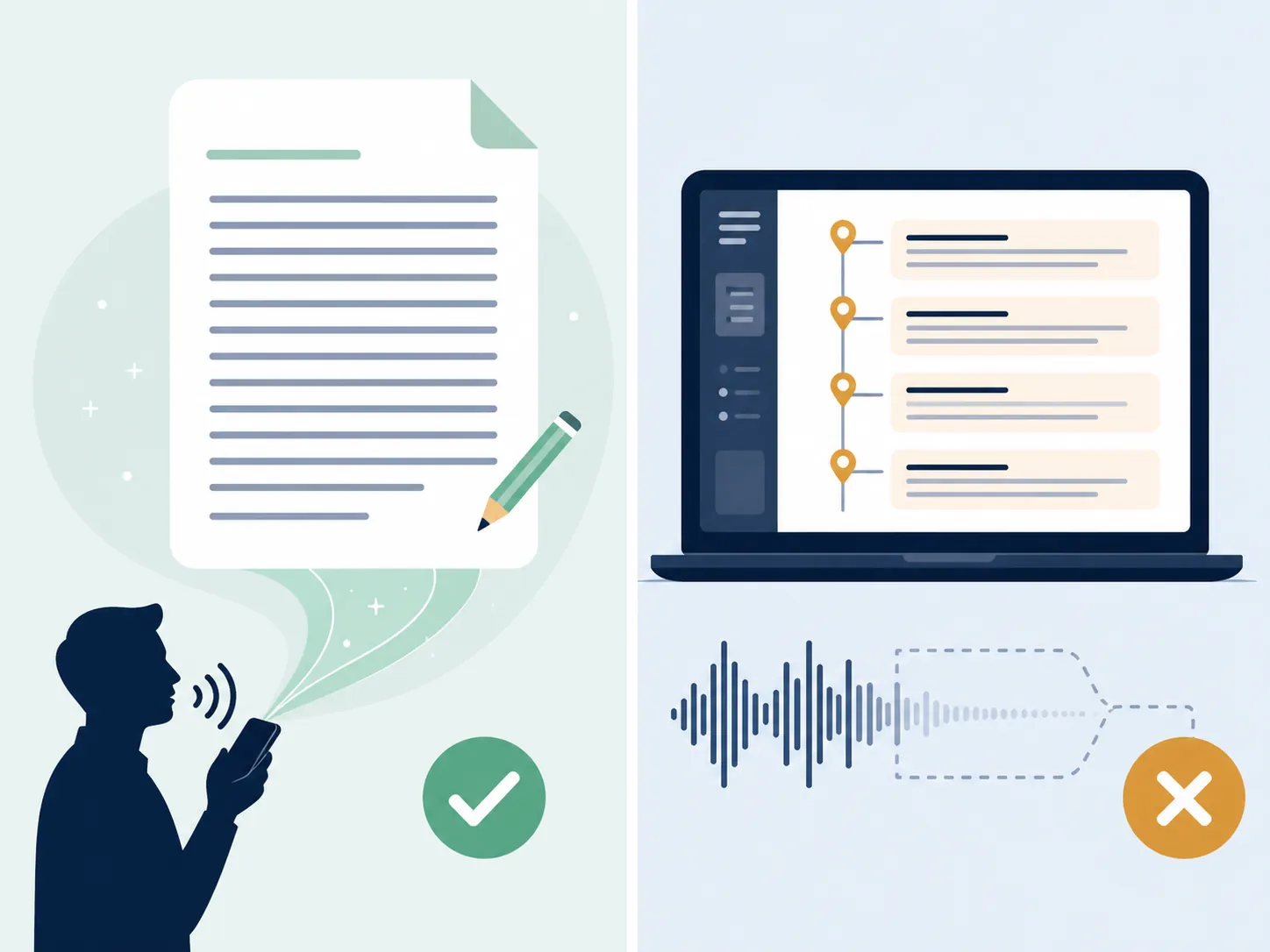 Editable voice dictation document contrasted with a timestamped summary canvas where raw audio is removed
