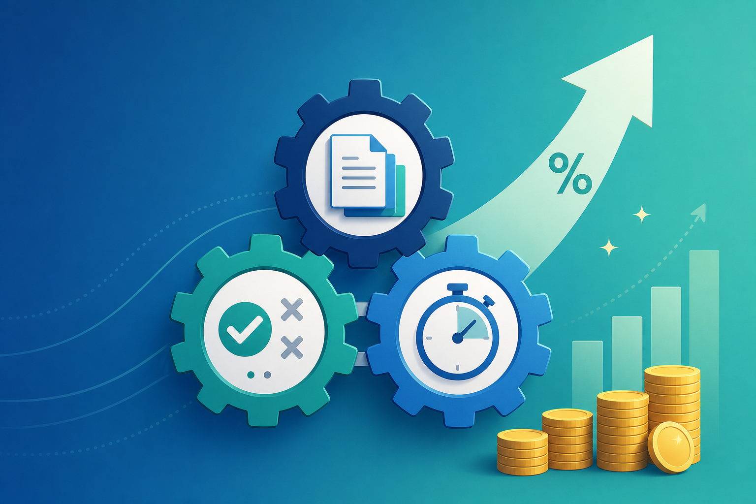 Three interconnected gears representing process volume, error rate, and approval cycle speed feeding into an upward trending arrow with positive financial indicators.
