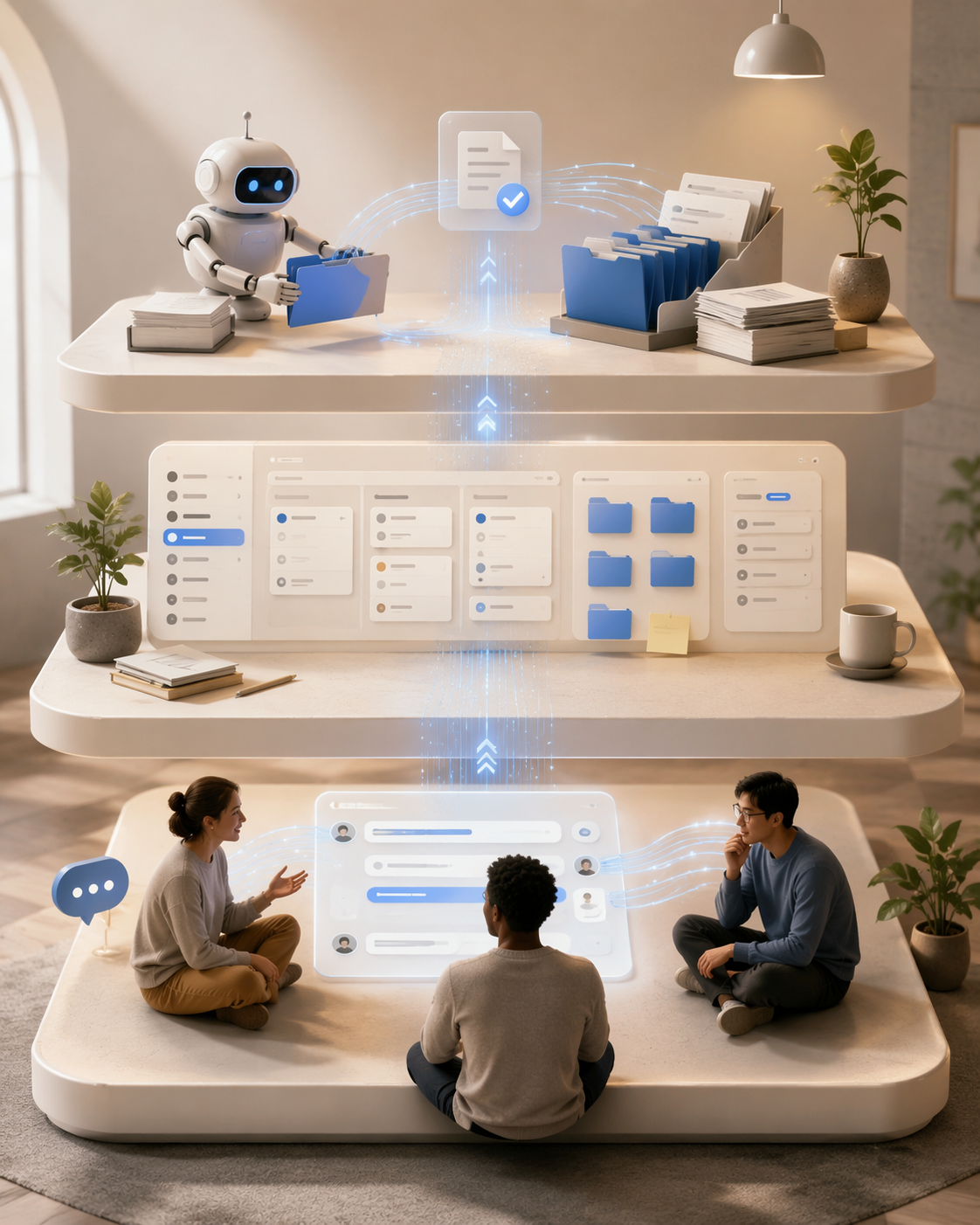 Three ascending layers showing Claude Chat, Projects, and Cowork as a productivity stack