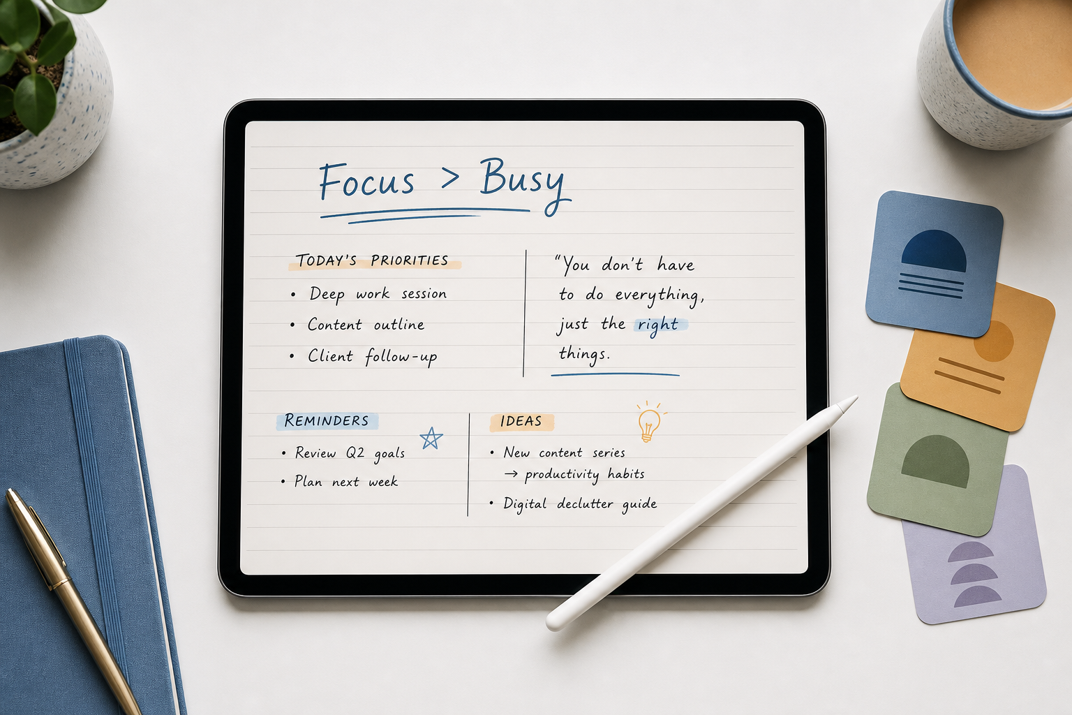 Top-down flat-lay of an iPad Pro with Apple Pencil and stylized app icon cards on a minimalist desk