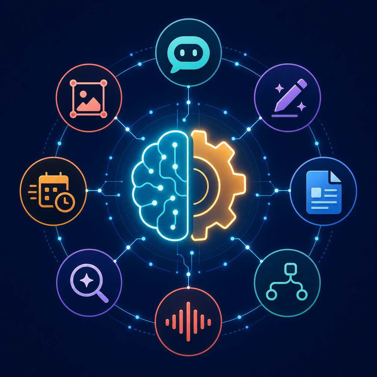 Circular arrangement of AI productivity tool icons around a glowing brain-gear icon on a deep navy background.