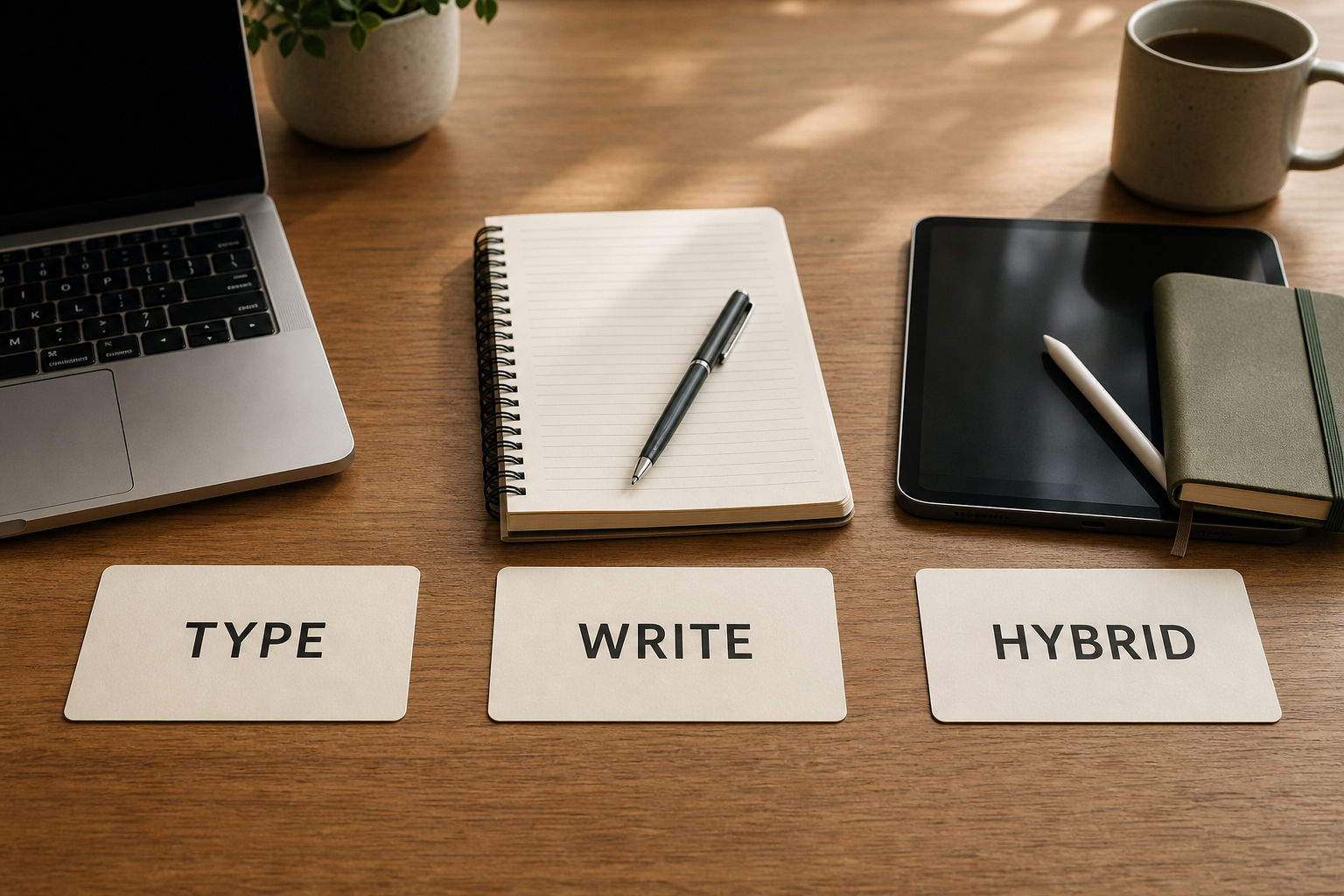 A wooden desk with three labeled zone cards arranged side by side: a 'TYPE' card beside a laptop keyboard, a 'WRITE' card beside a pen and paper notebook, and a 'HYBRID' card beside a tablet with stylus and a small notebook, under soft natural lighting.