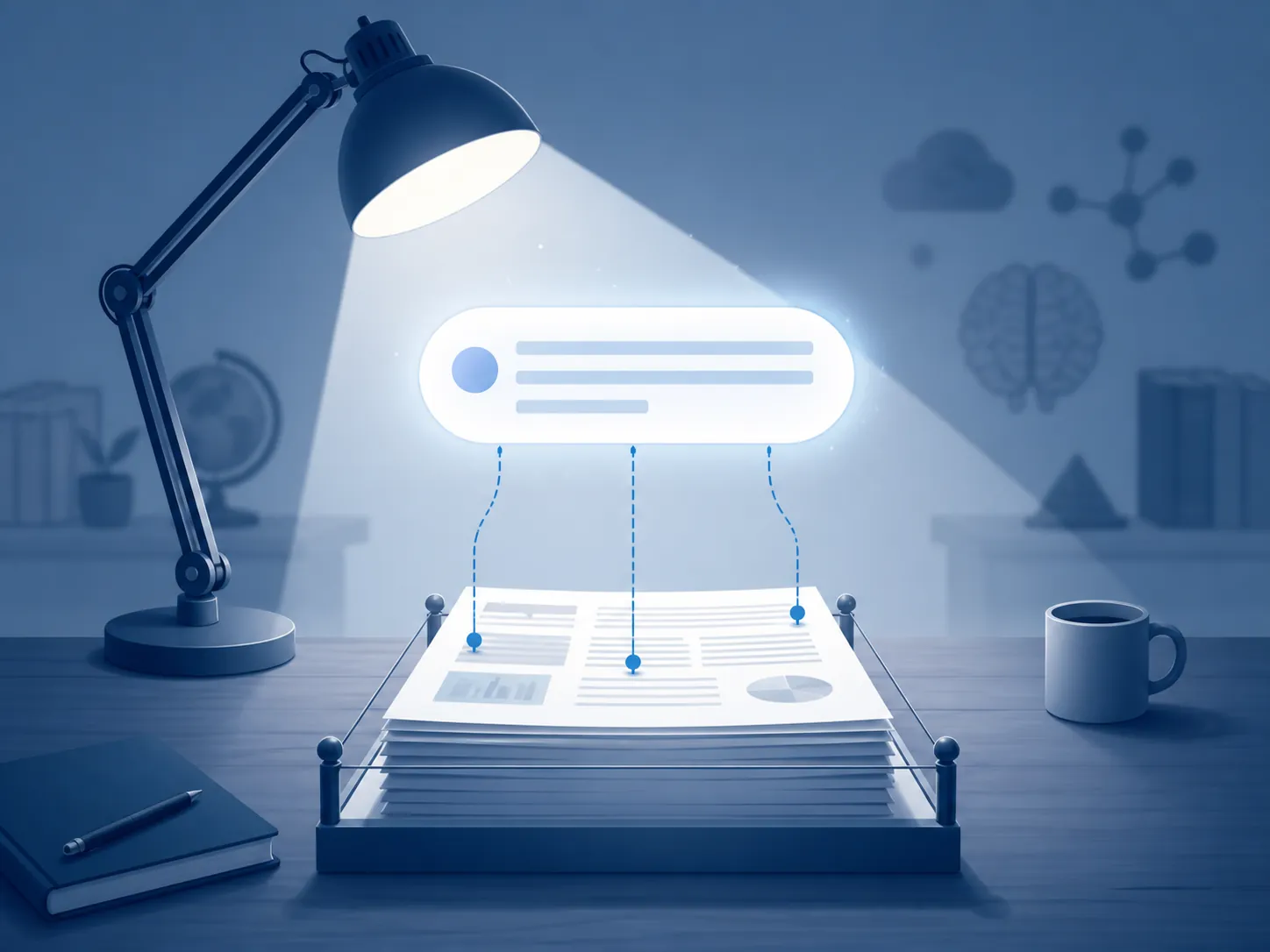 Desk lamp illuminating a bounded stack of documents with citation pins connecting pages to an answer bubble
