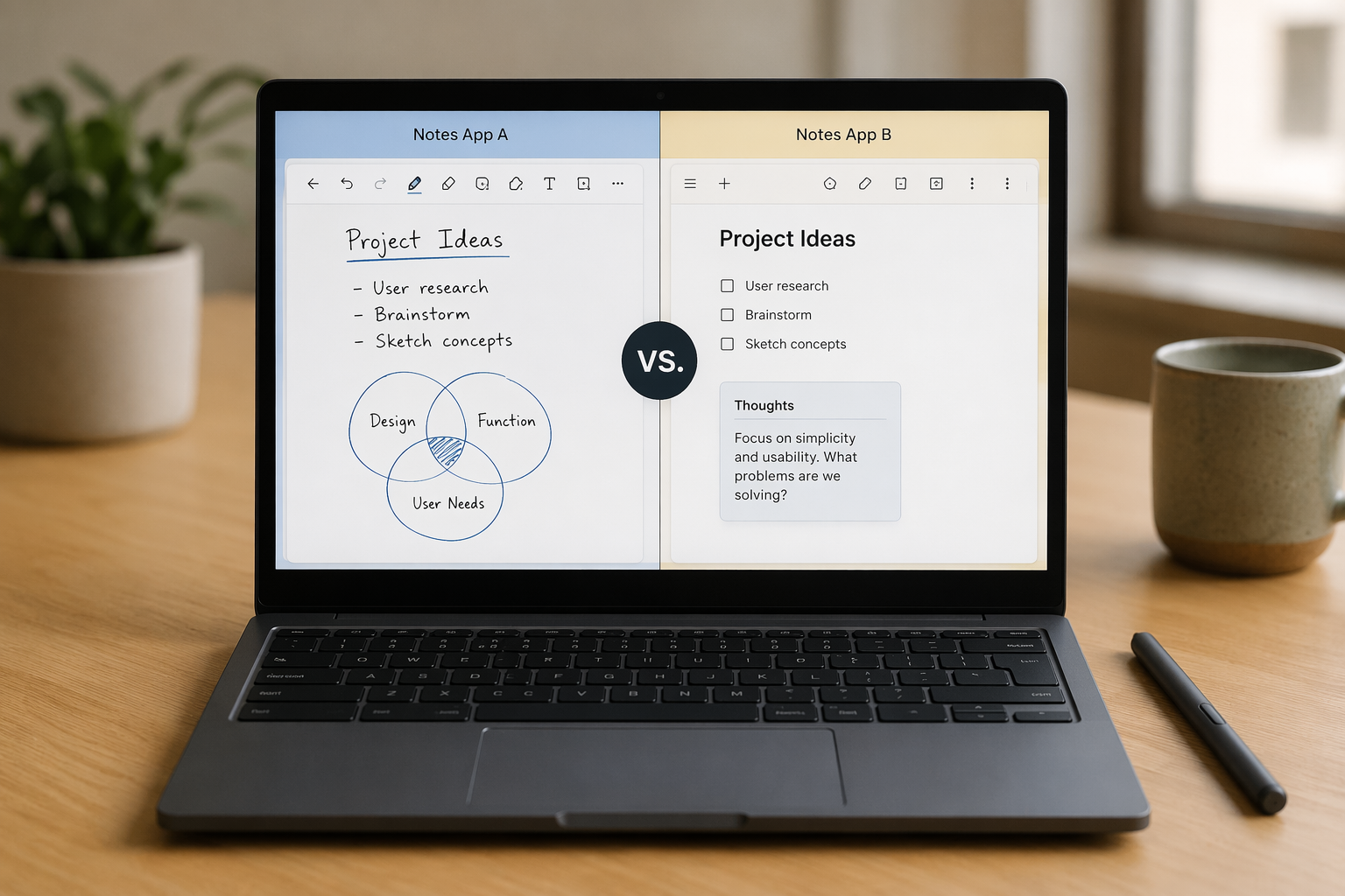 Chromebook on a wooden desk with a USI stylus beside it and split-view note-taking app interfaces on screen