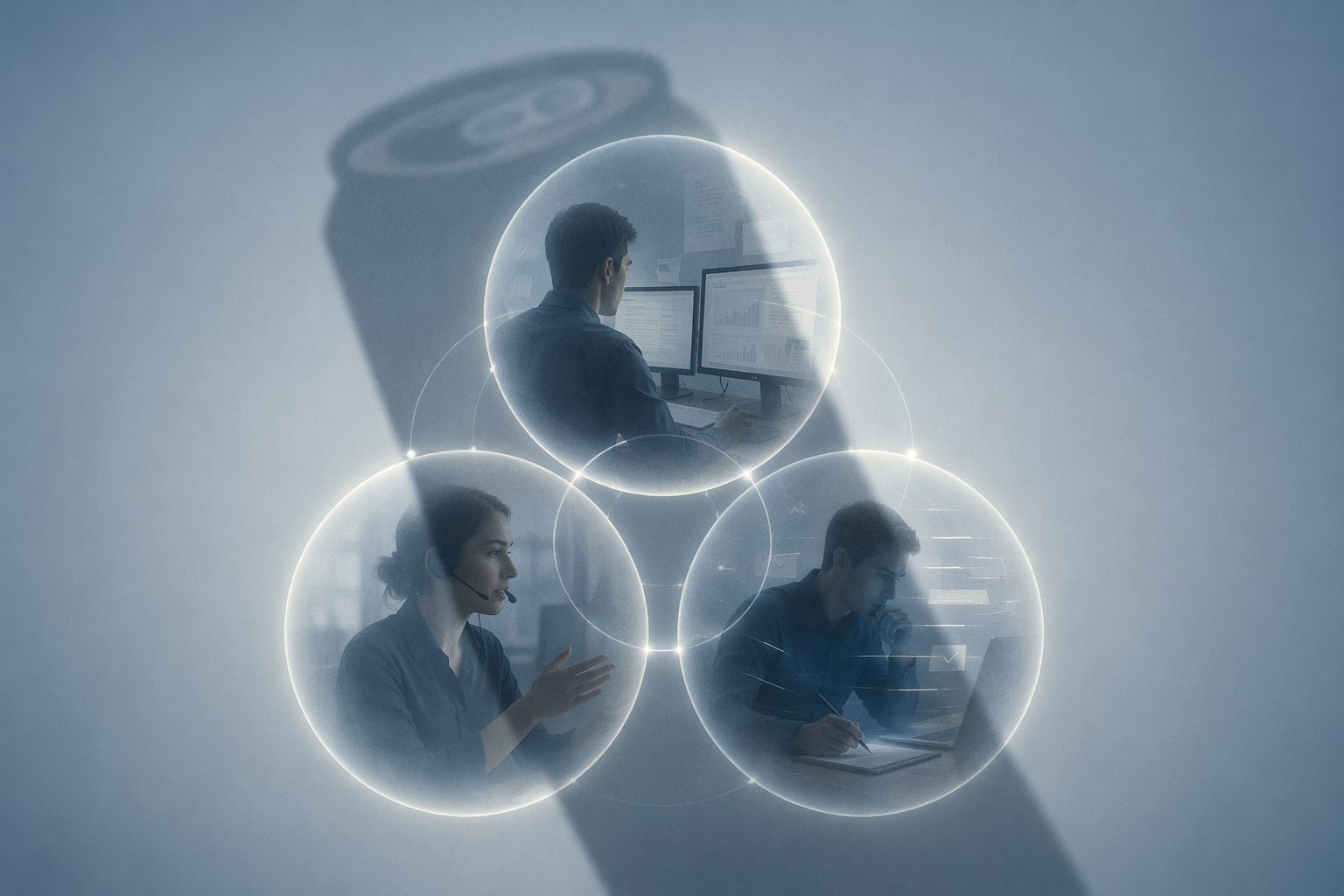 Interconnected workplace scenes showing screen switching, a phone call, and quick decision-making under a soda can shadow