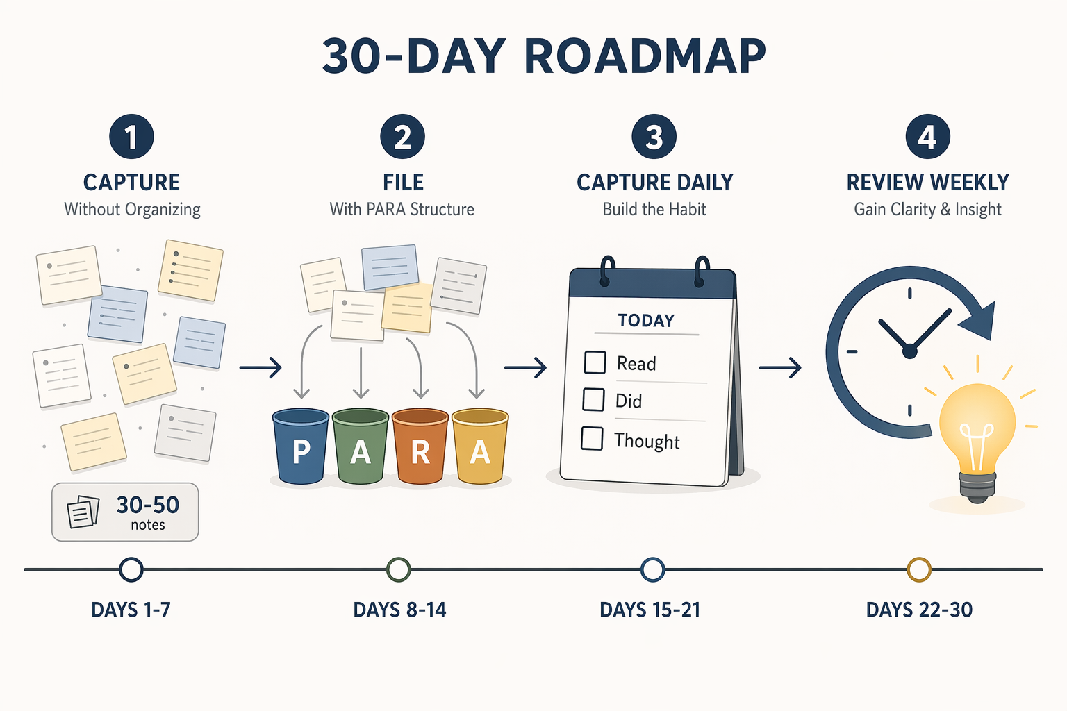 A flat vector timeline showing four progressive phases from scattered notes to a glowing idea bulb.