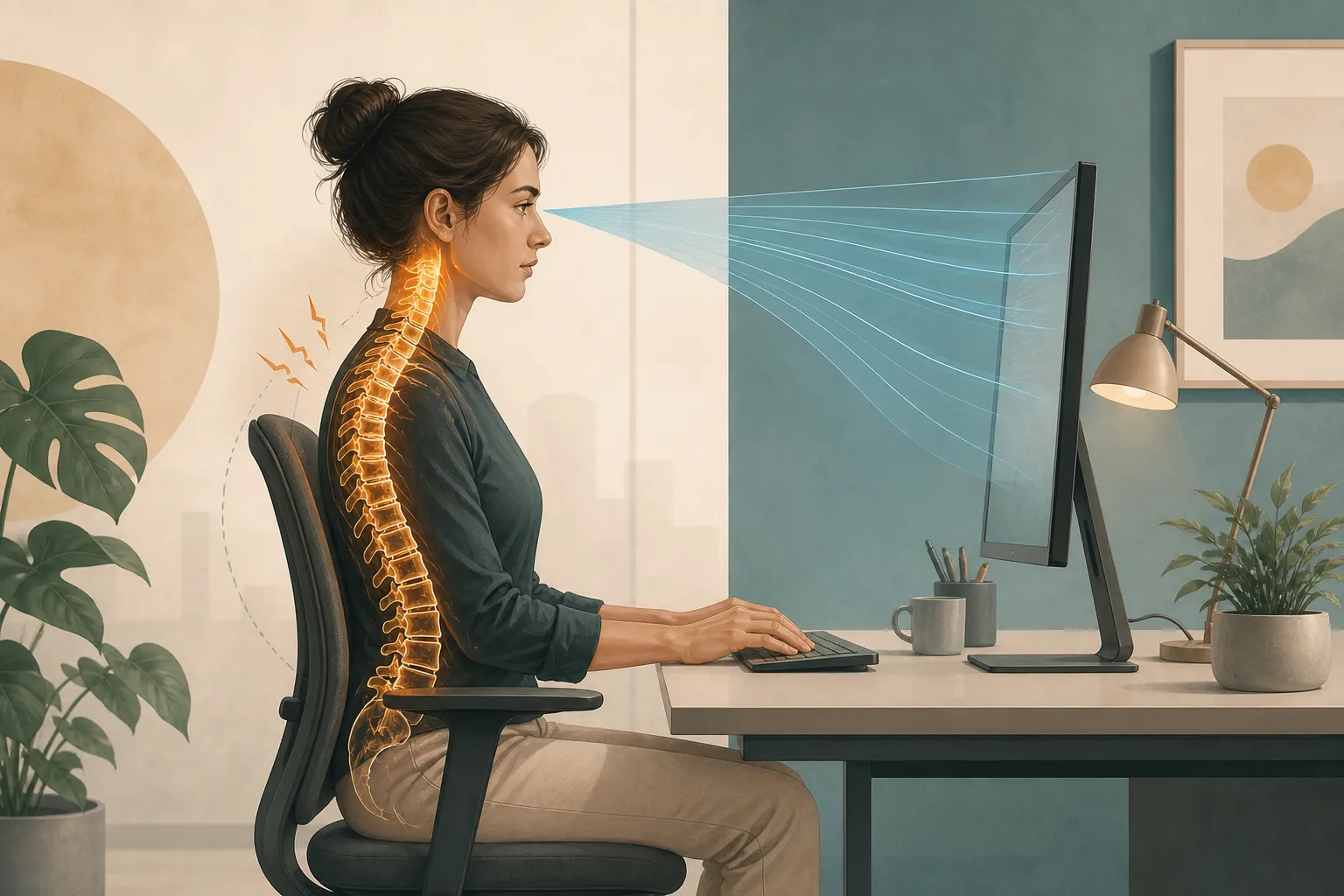 Knowledge worker at a monitor with highlighted spine, neck, and attention beams toward the screen