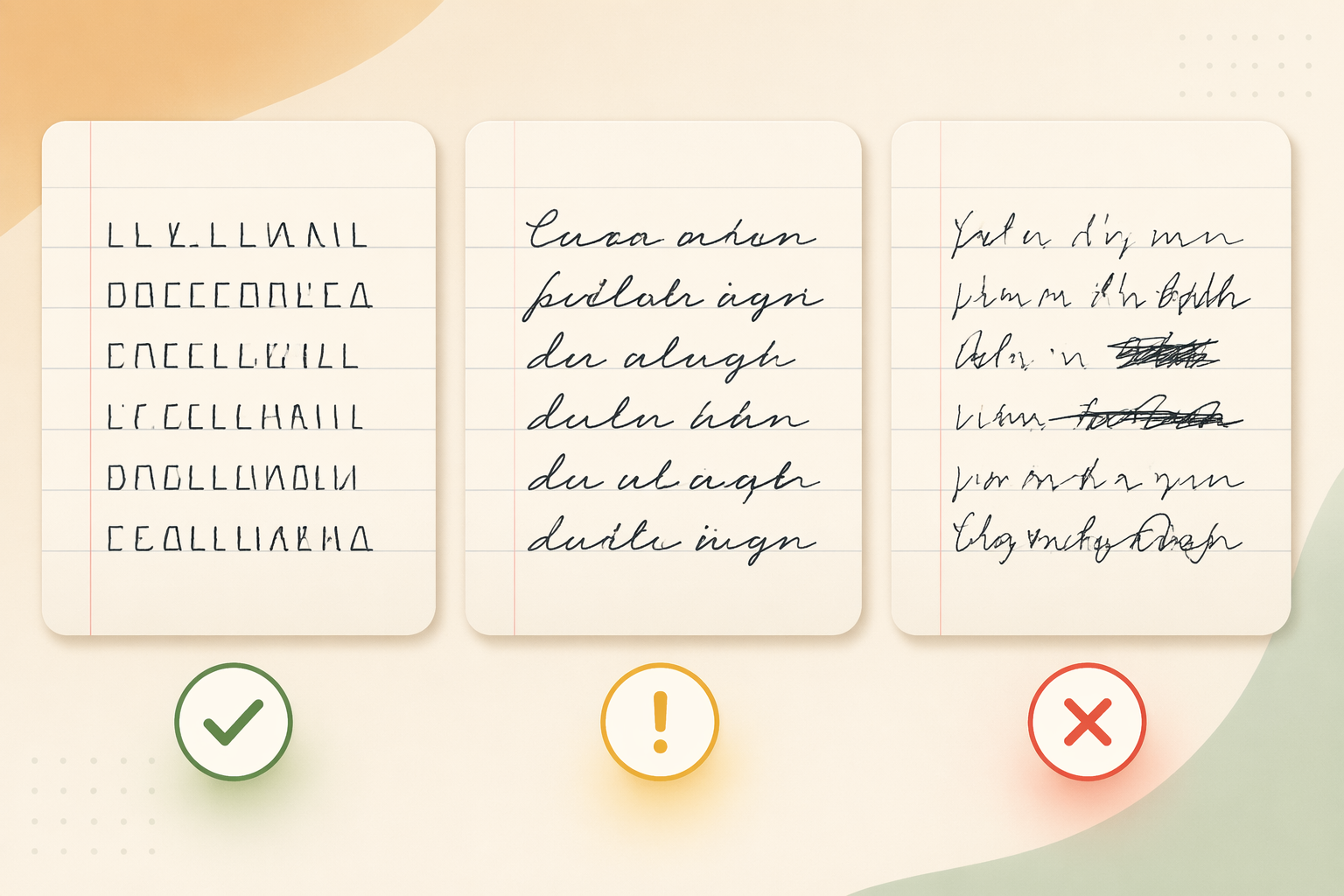 Horizontal comparison illustration showing three handwriting samples: neat printed block letters with a green checkmark indicator, flowing cursive with a yellow warning indicator, and messy scrawled handwriting with a red error indicator beneath each sample.