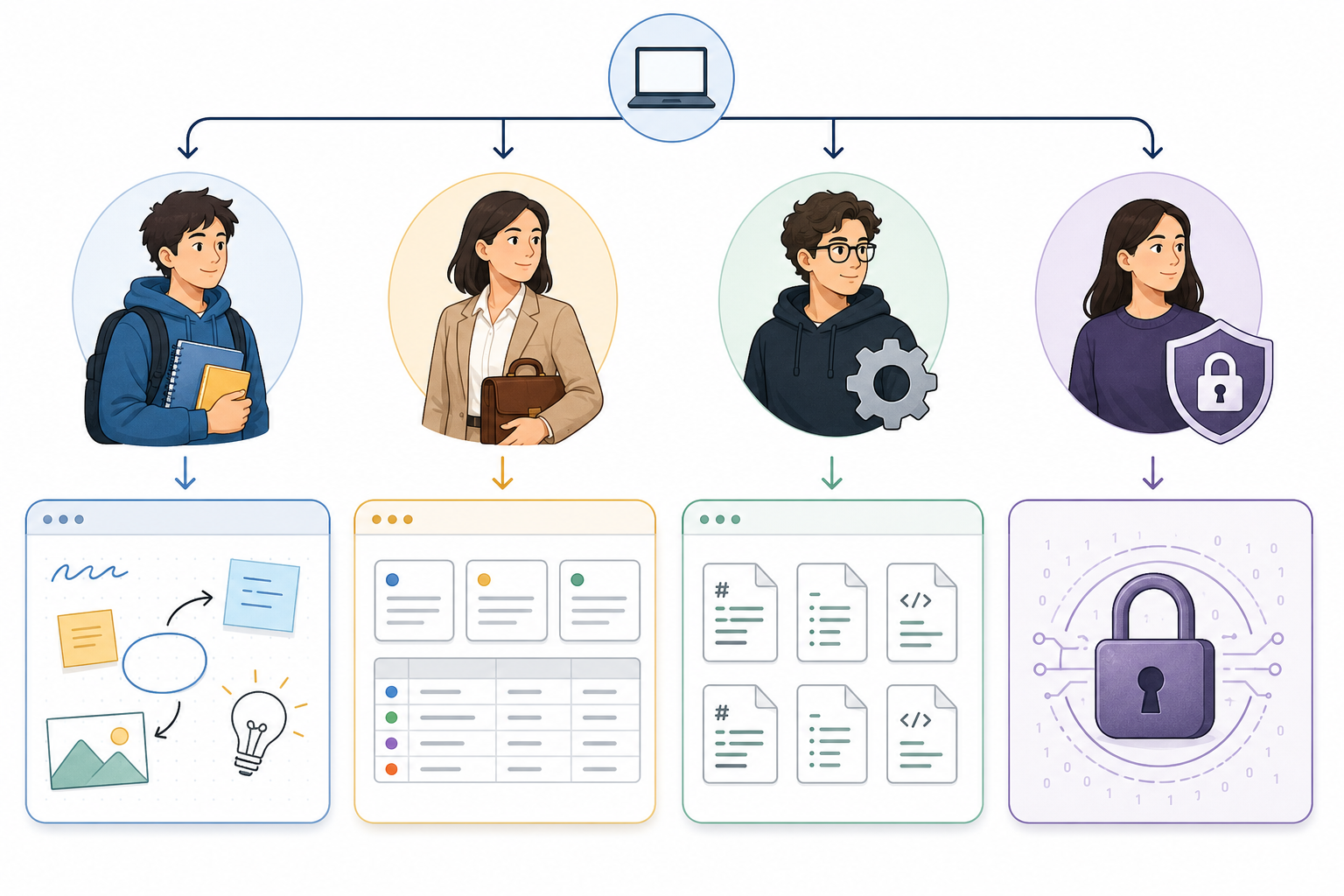 Minimalist editorial infographic with four persona icons arranged horizontally — a student, a professional, a power user with gear icon, and a privacy-focused user with shield — each connected to different note-taking visual cues like a freeform canvas, structured database, local markdown files, and an encrypted lock icon, in soft blue and warm accent colors.