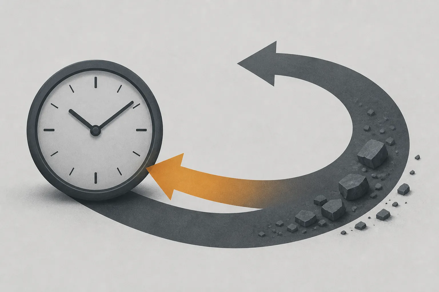 Clock face with a large sweeping arrow curving back toward it like a U-turn
