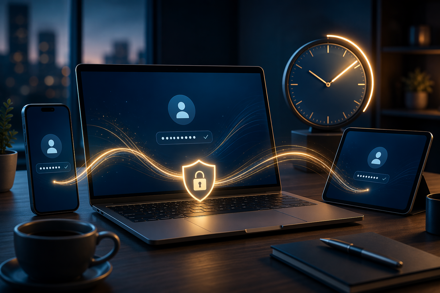 Modern desk workspace with devices, flowing light trails, a clock face, and security shield elements